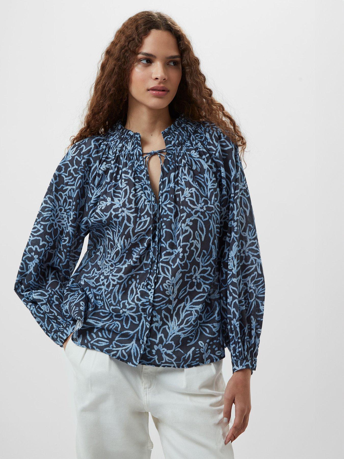 french-connection-cotton-long-sleeve-floral-print-tie-blouse