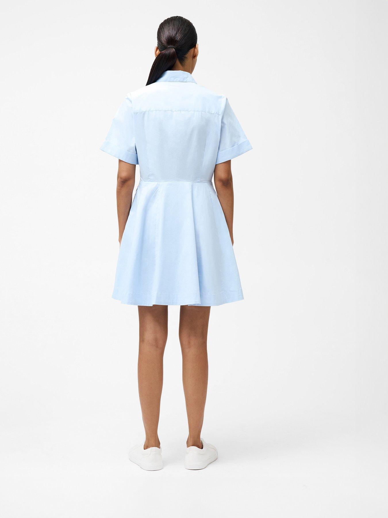 french connection blue shirt dress French Connection Cotton blend short sleeve tie waist poplin midi shirt  dress in blue