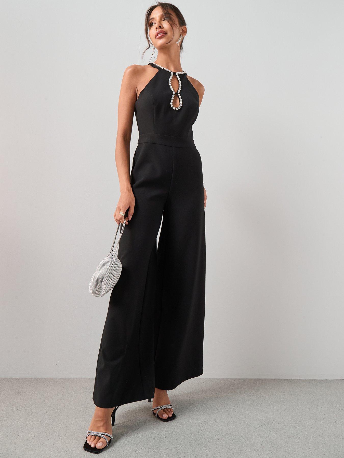  image of the-very-collection-gem-embellished-halter-jumpsuit-black