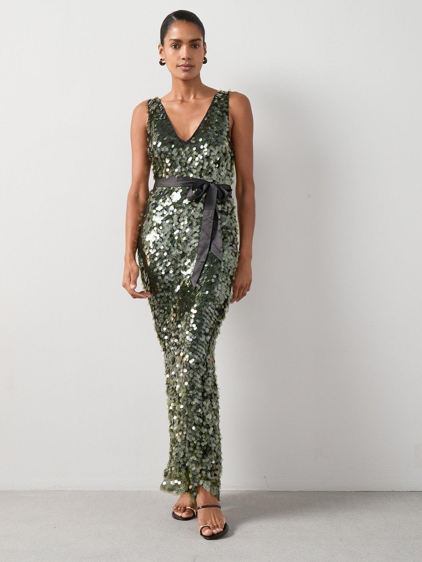 undefined Sequin Disc Belted Maxi Dress - Green