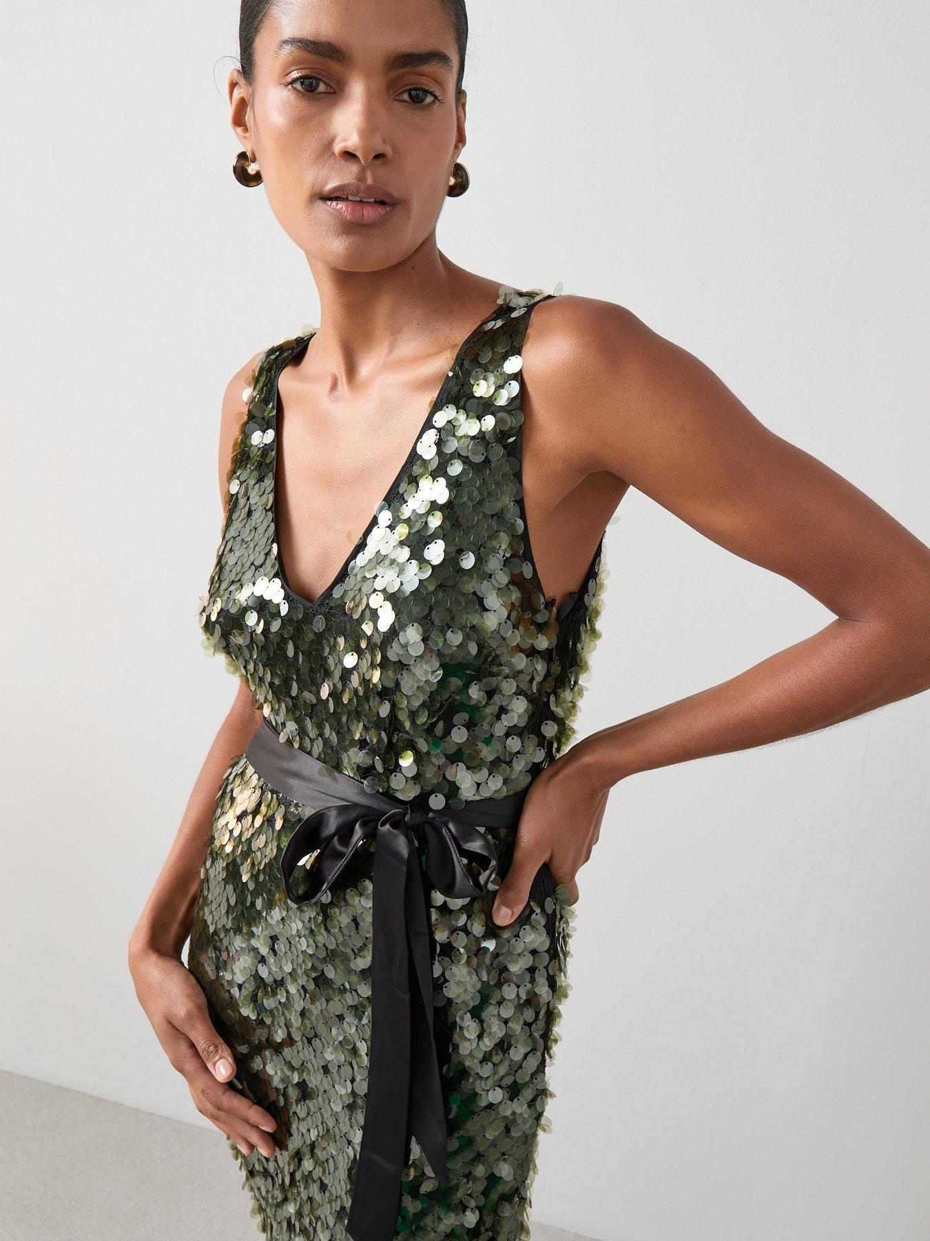 Image 6 of 6 of The Very Collection Sequin Disc Belted Maxi Dress - Green