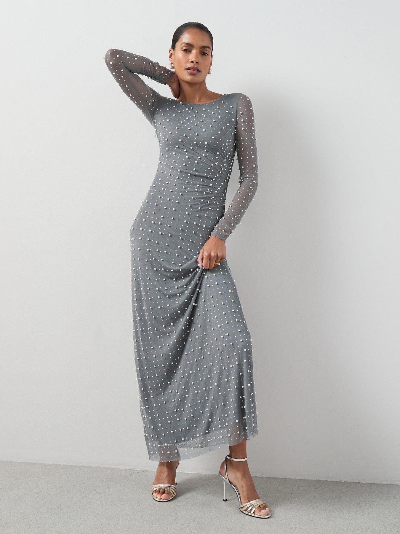 Image 1 of 7 of The Very Collection Pearl Mesh Long Sleeve Maxi Dress - Grey