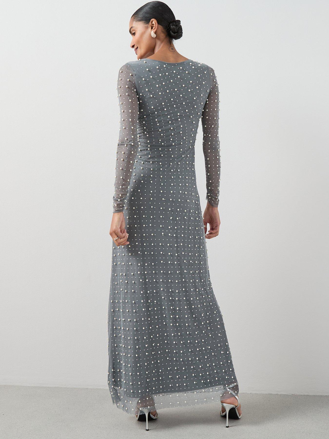 Image 2 of 7 of The Very Collection Pearl Mesh Long Sleeve Maxi Dress - Grey