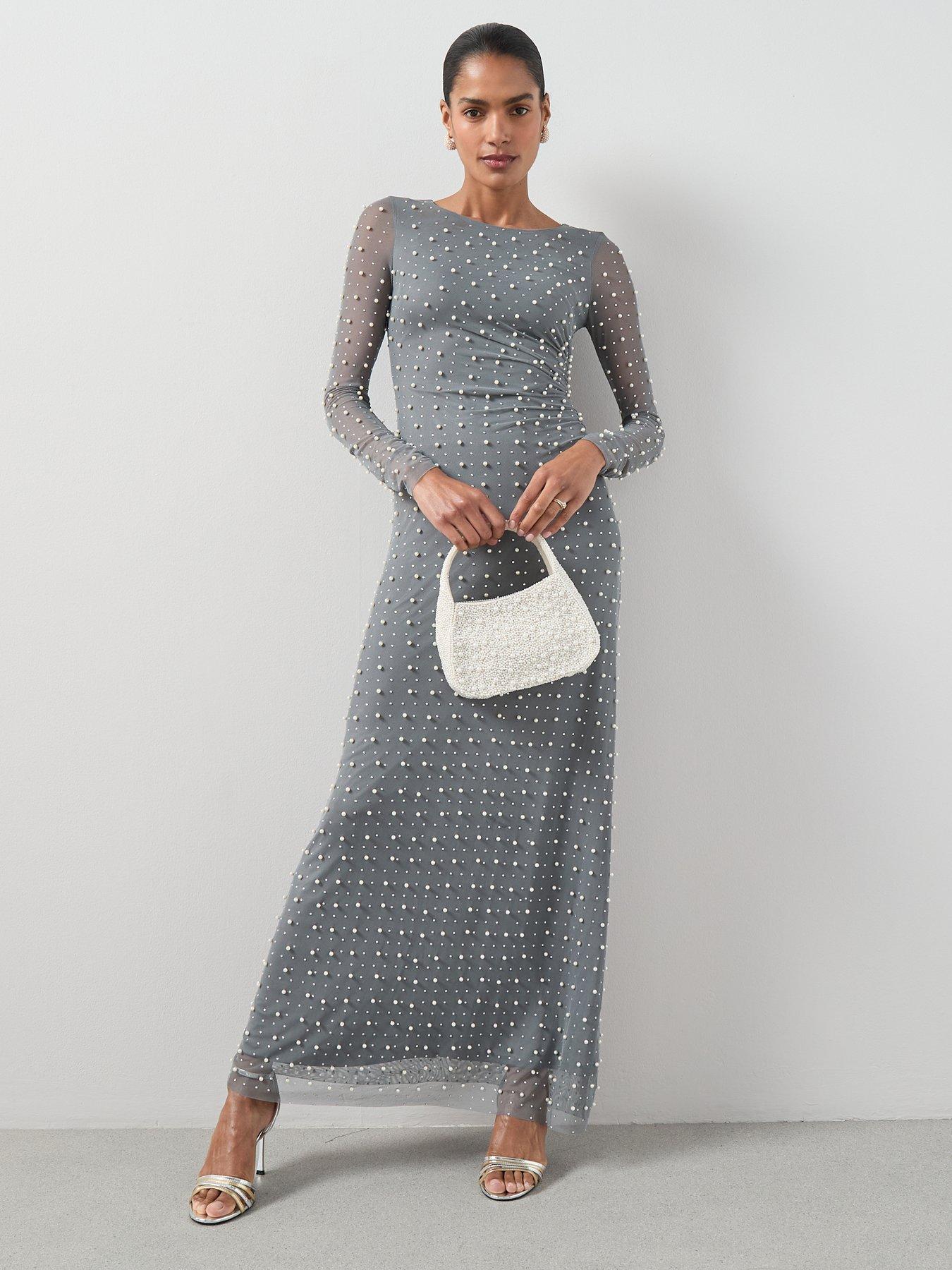 Image 3 of 7 of The Very Collection Pearl Mesh Long Sleeve Maxi Dress - Grey