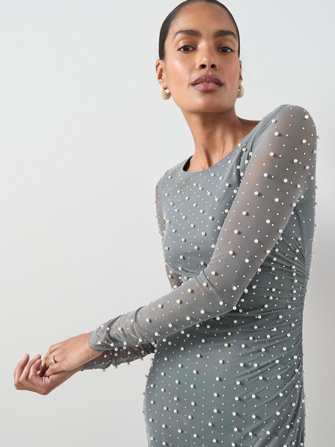 Image 4 of 7 of The Very Collection Pearl Mesh Long Sleeve Maxi Dress - Grey