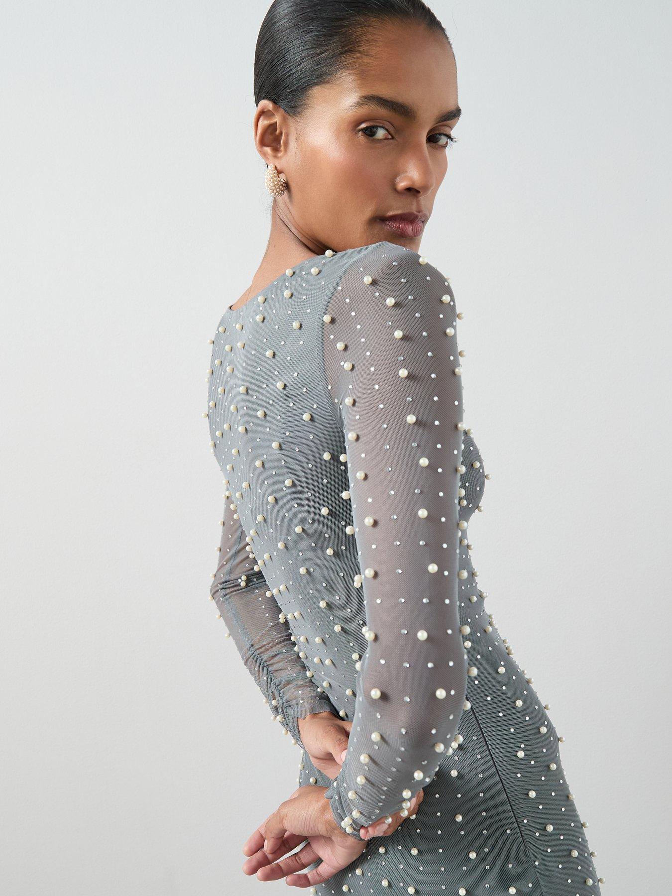 Image 5 of 7 of The Very Collection Pearl Mesh Long Sleeve Maxi Dress - Grey