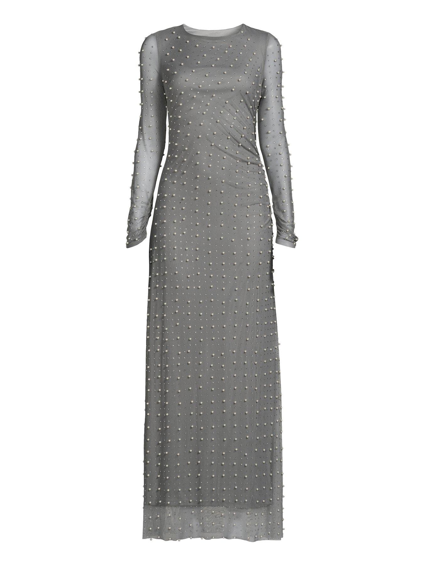 Image 7 of 7 of The Very Collection Pearl Mesh Long Sleeve Maxi Dress - Grey