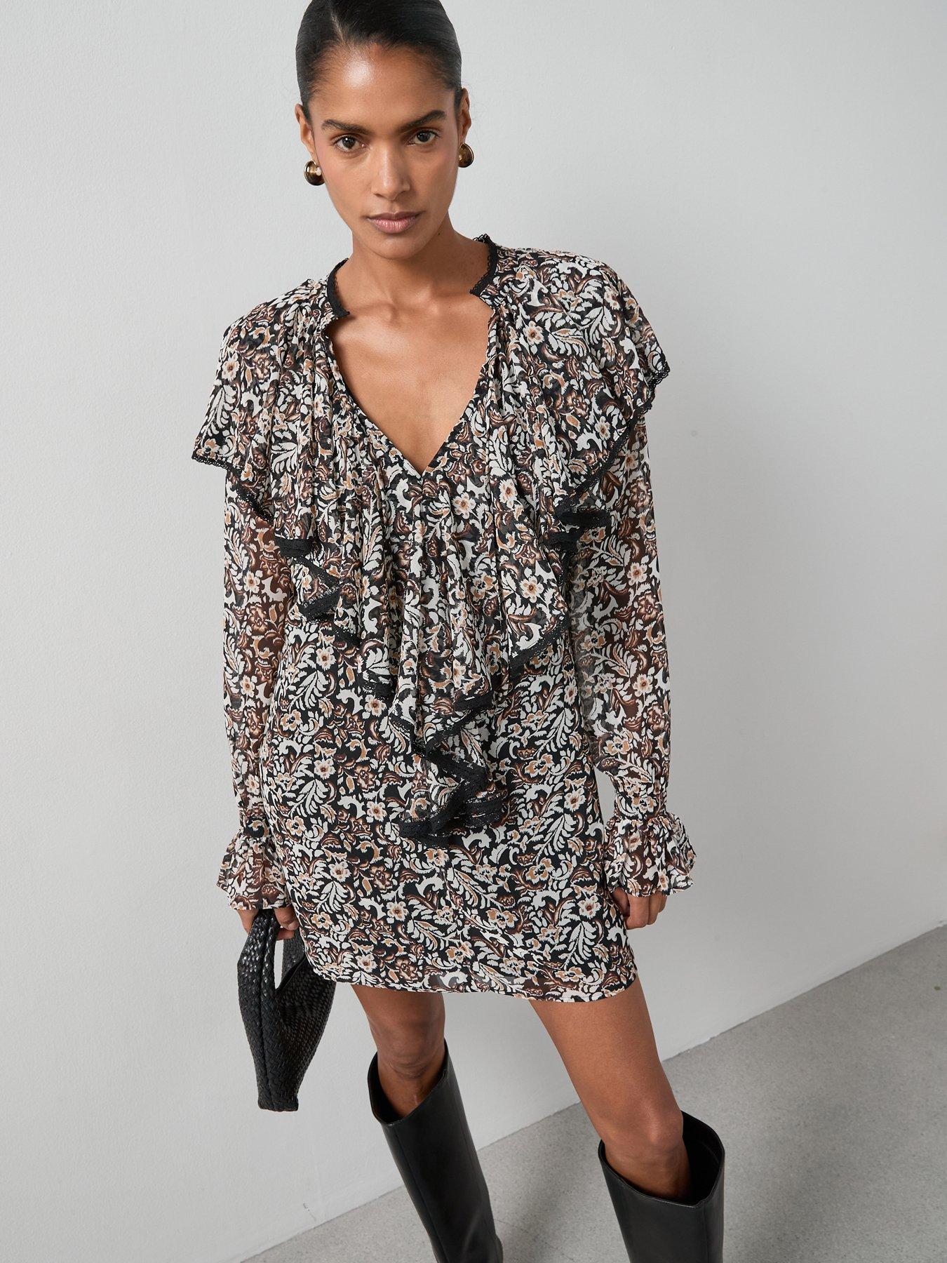 undefined Printed Ruffle Front Mini Dress - Print