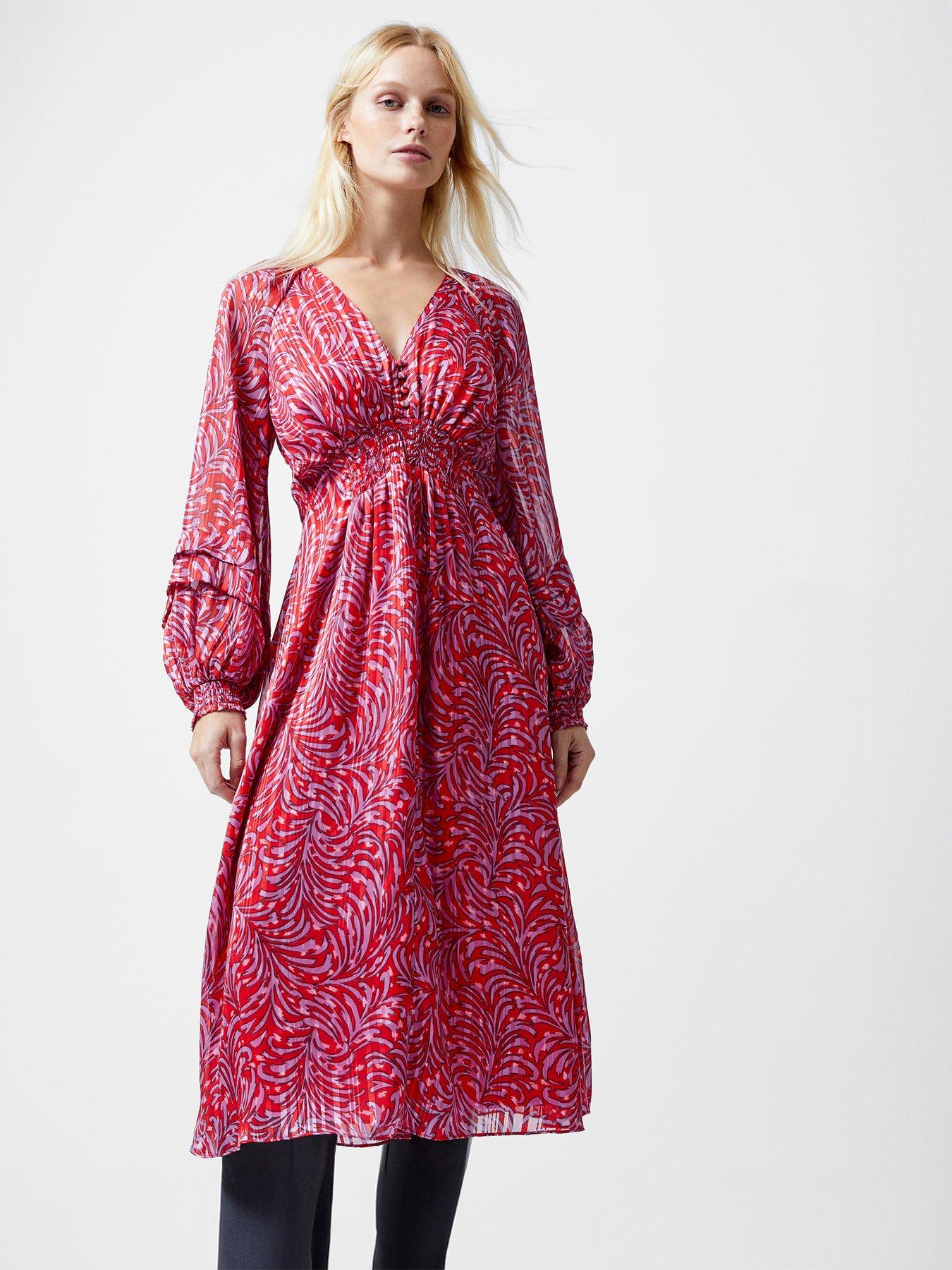 french-connection-ruched-chiffon-v-neck-long-sleeve-printed-midi-dress