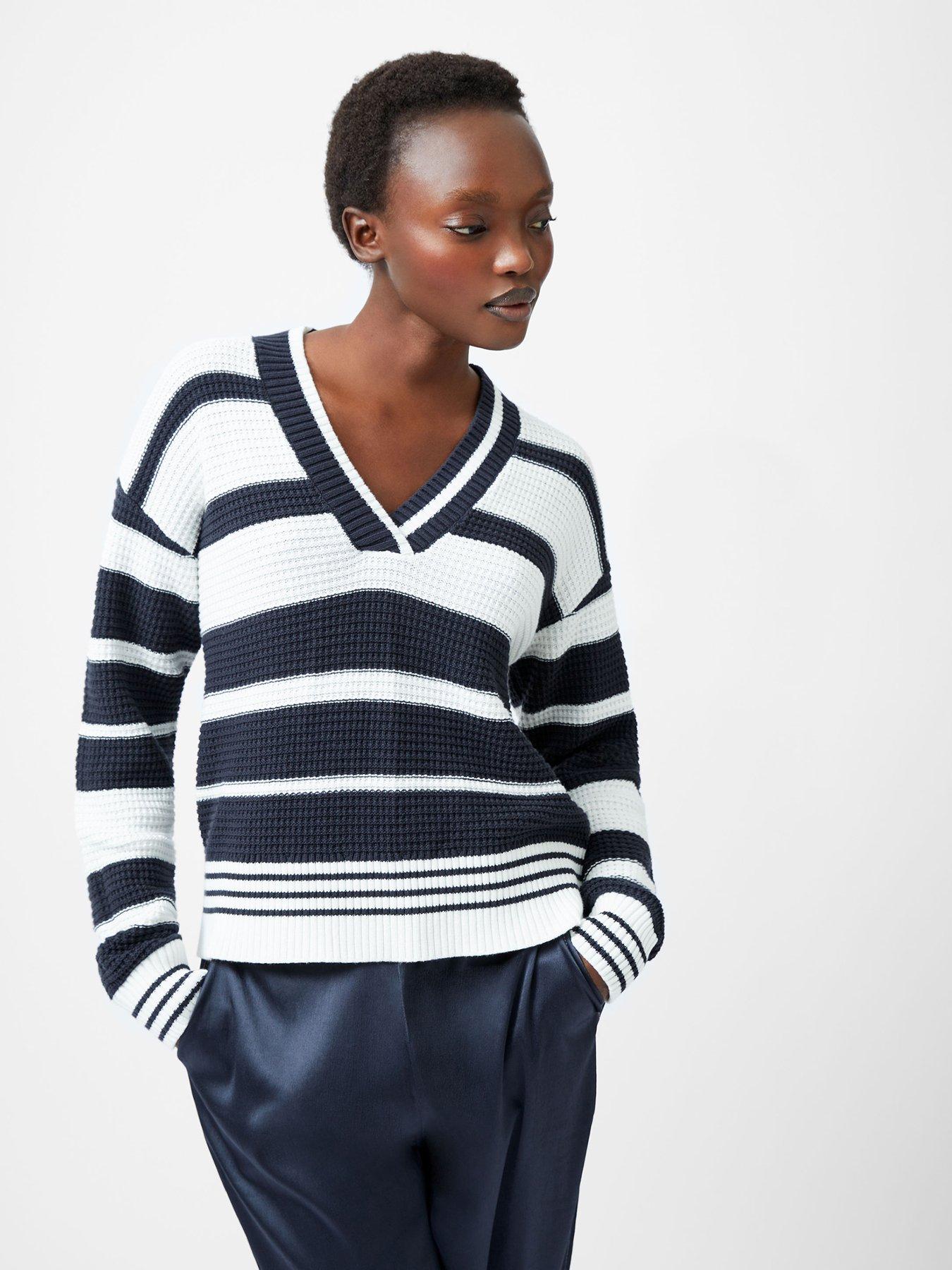  image of french-connection-cable-knit-long-sleeve-varsity-style-v-neck-stripe-jumper