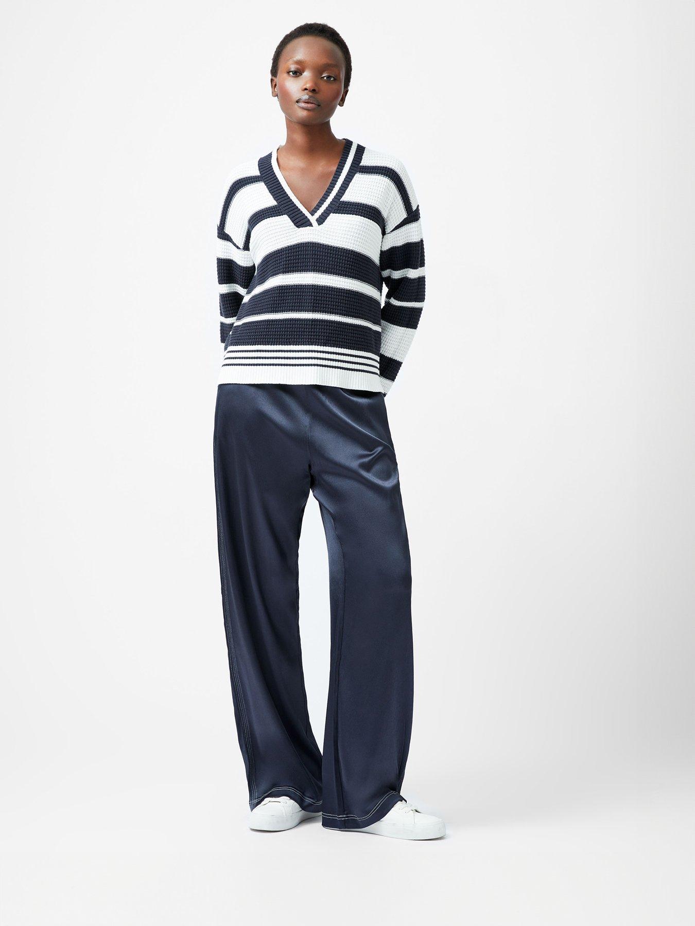  image of french-connection-cable-knit-long-sleeve-varsity-style-v-neck-stripe-jumper