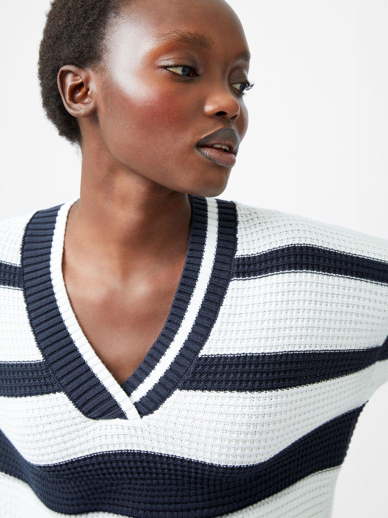  image of french-connection-cable-knit-long-sleeve-varsity-style-v-neck-stripe-jumper