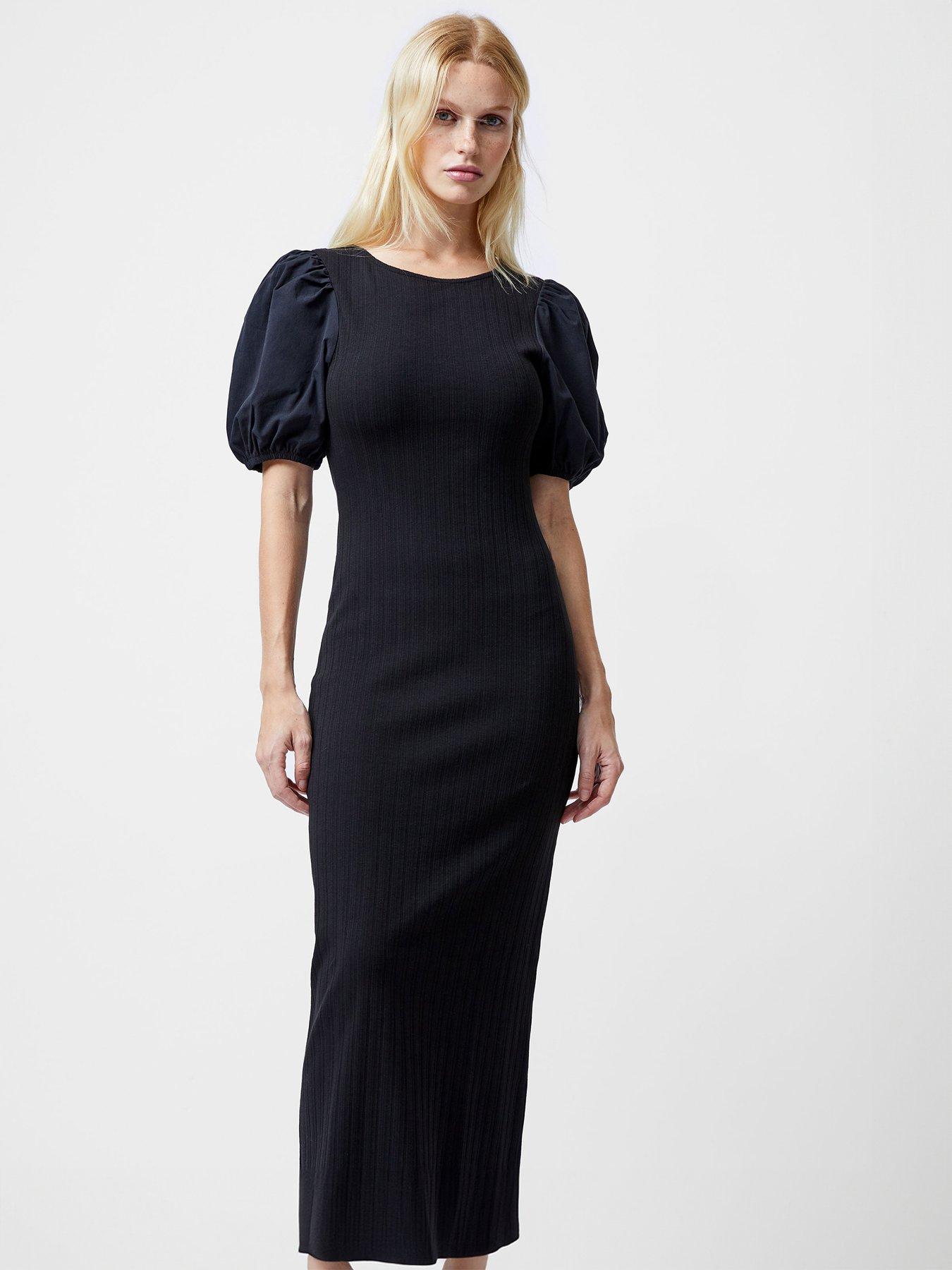 undefined Cotton Blend Puff Sleeve Ribbed Bodycon Midi Dress