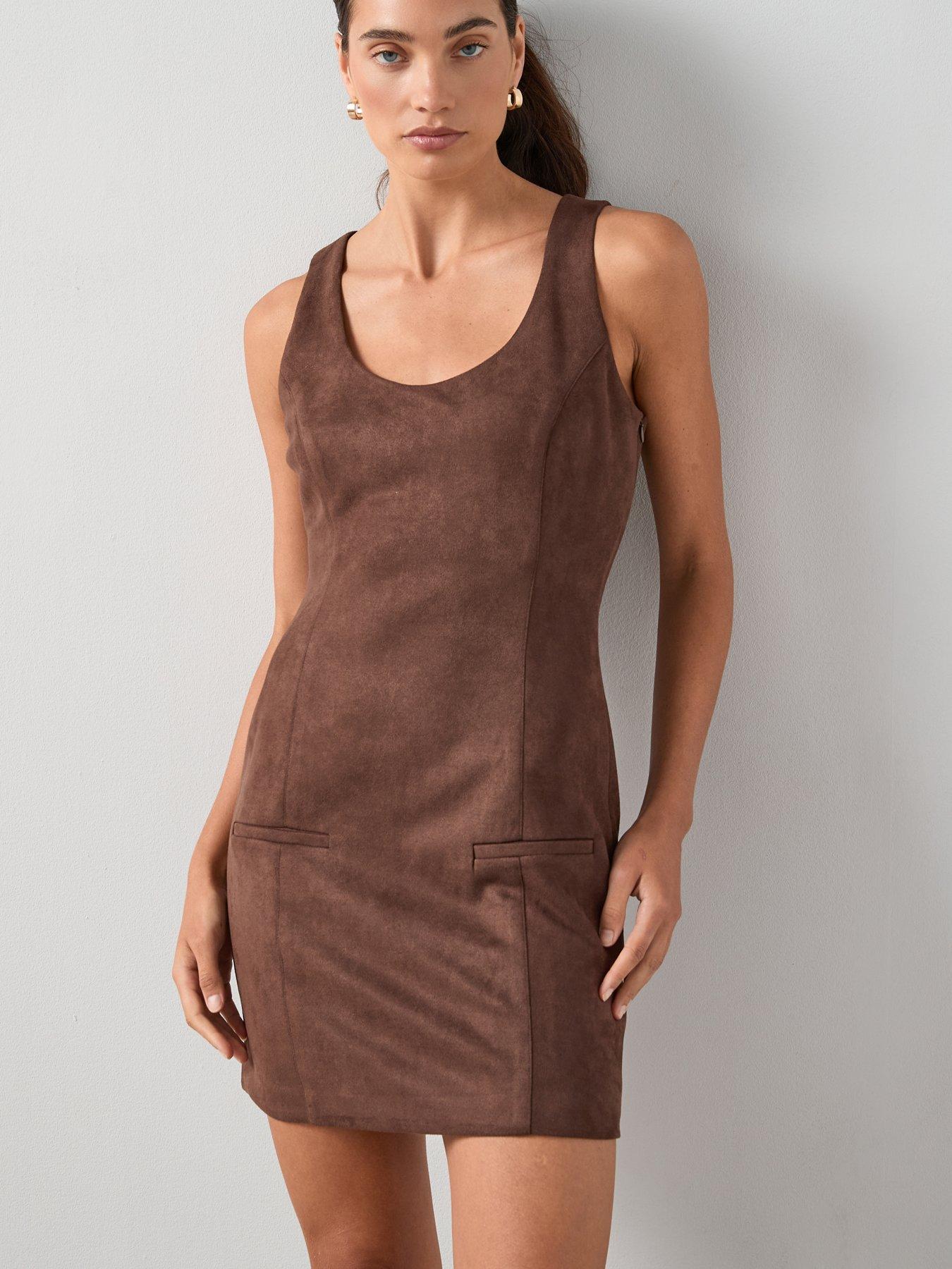 undefined Suede Mini Shift Dress - Brown