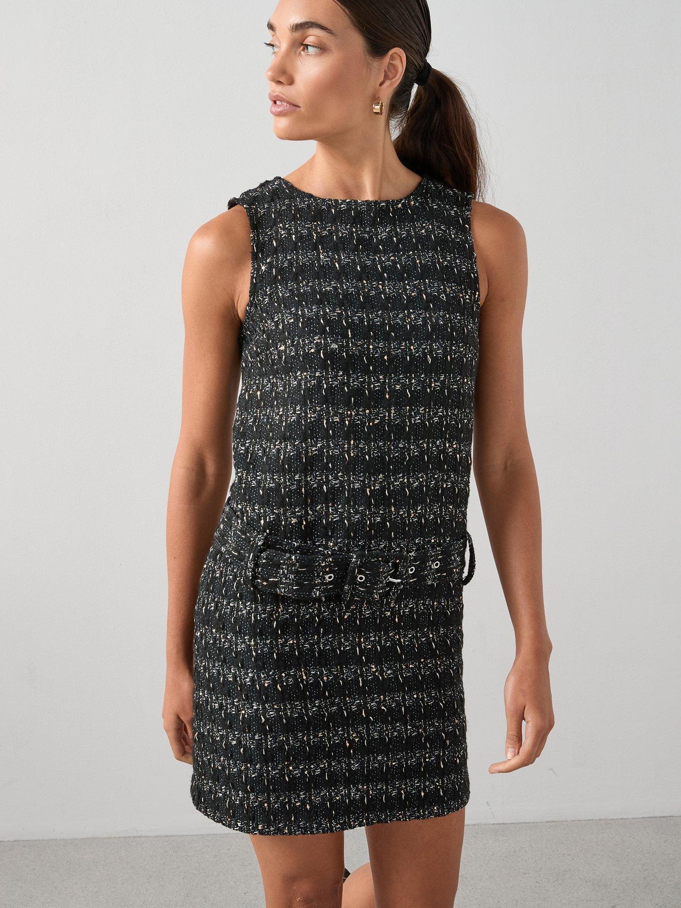 undefined Boucle Metallic Belted Mini Dress - Black