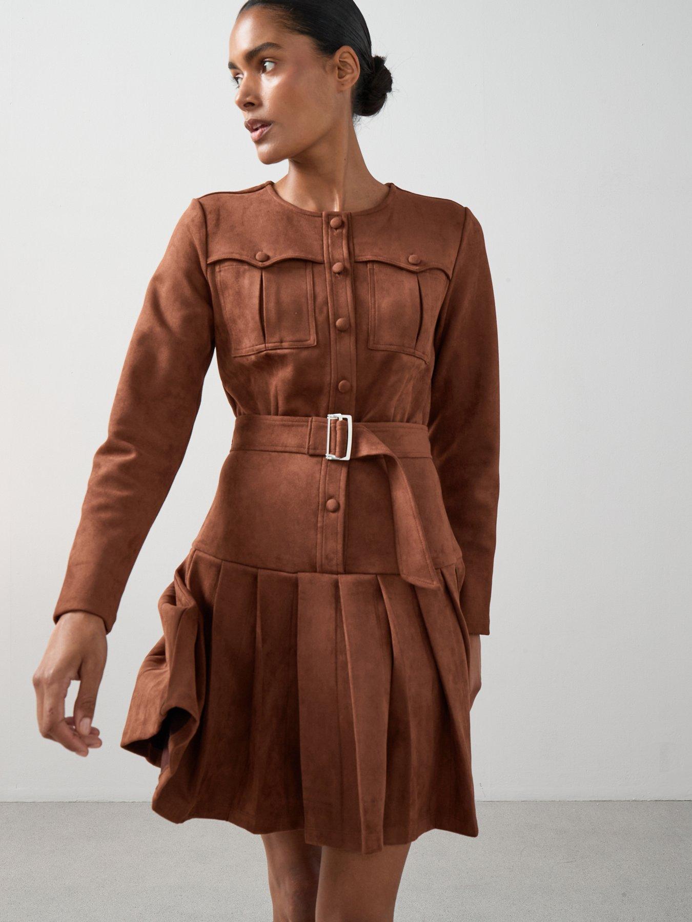 undefined Suedette Pleated Belted Mini Dress - Brown