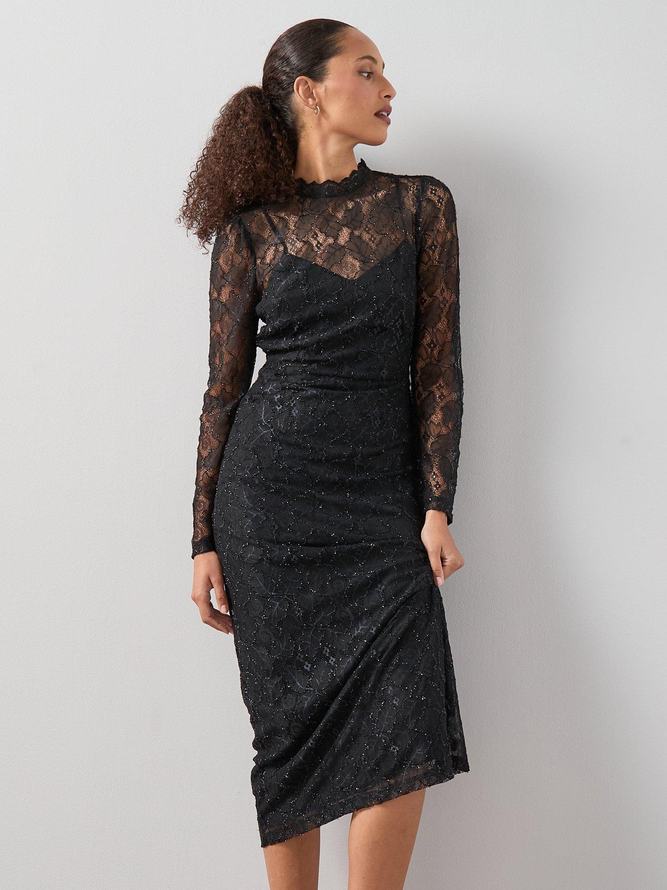front image of the-very-collection-lace-sequin-midaxi-dress-black
