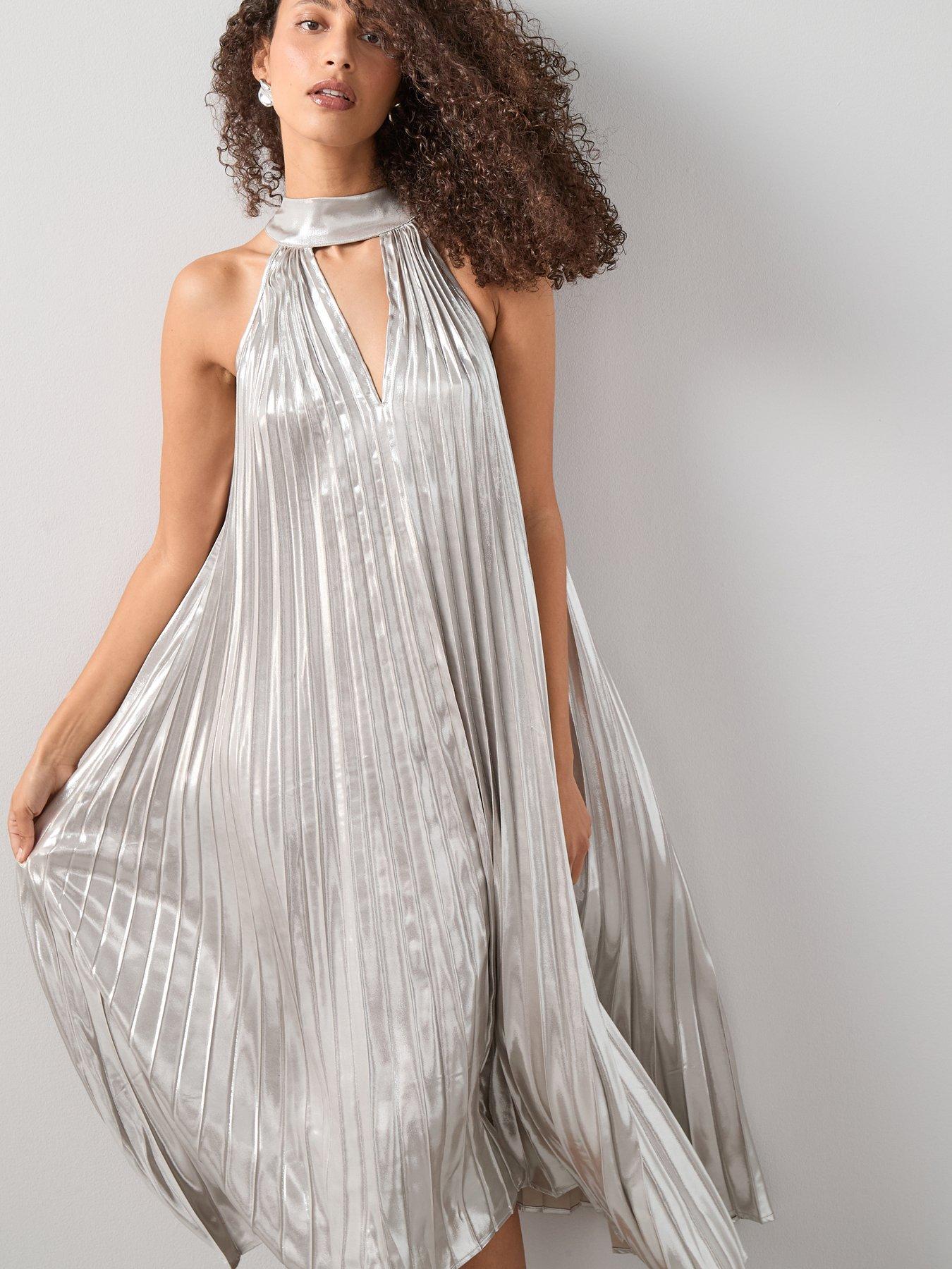 The Very Collection High Neck Pleated Metallic Maxi Dress - Silver |  Littlewoods