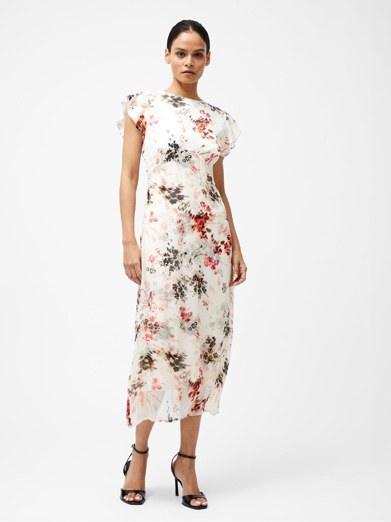 undefined Satin Overlay Floral Print Short Frill Sleeve Midi Dress