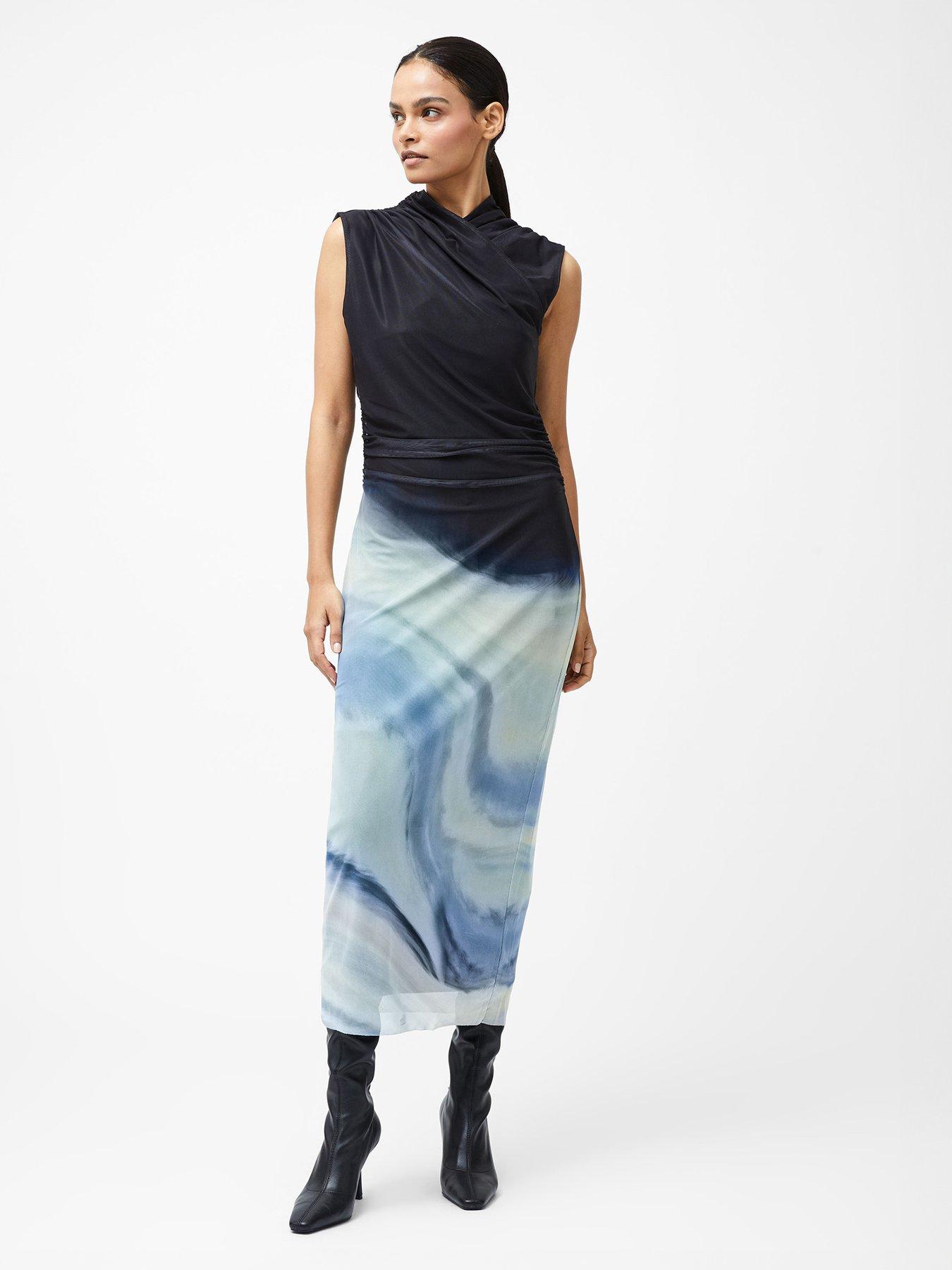 undefined Wrap Neck Ruched Mesh Marble Midi Dress