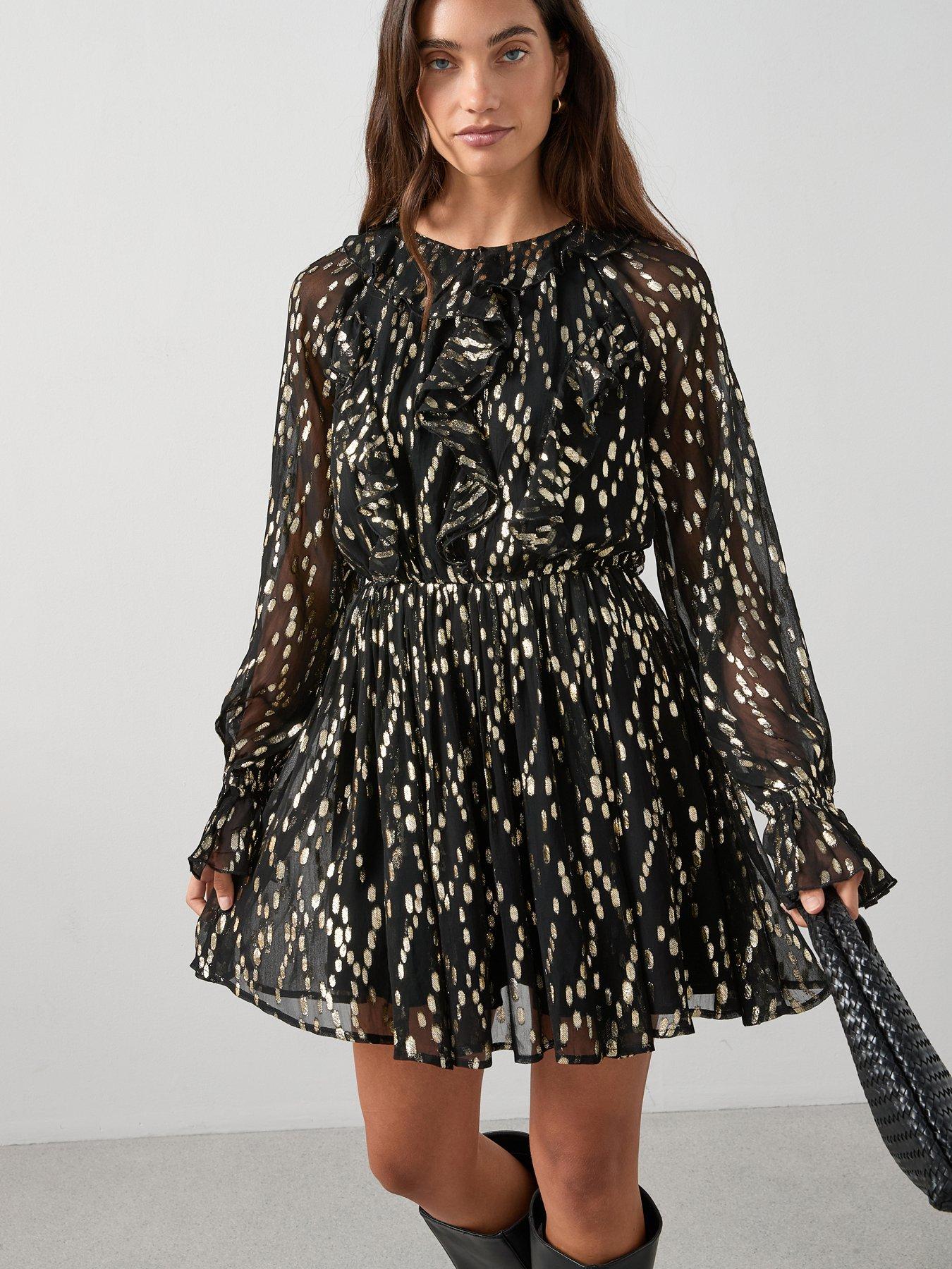 undefined Ruffle Front Lurex Mini Dress - Black
