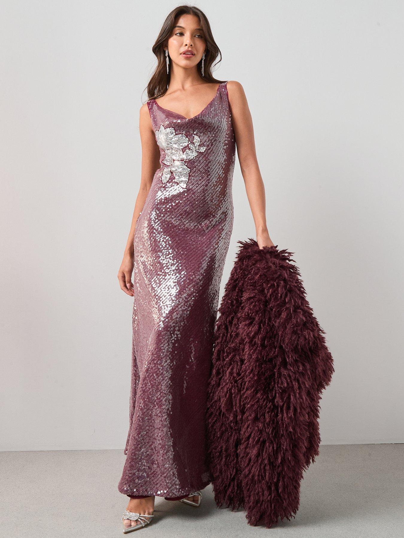 The Very Collection Floral Sequin Cowl Maxi Dress - Burgundy