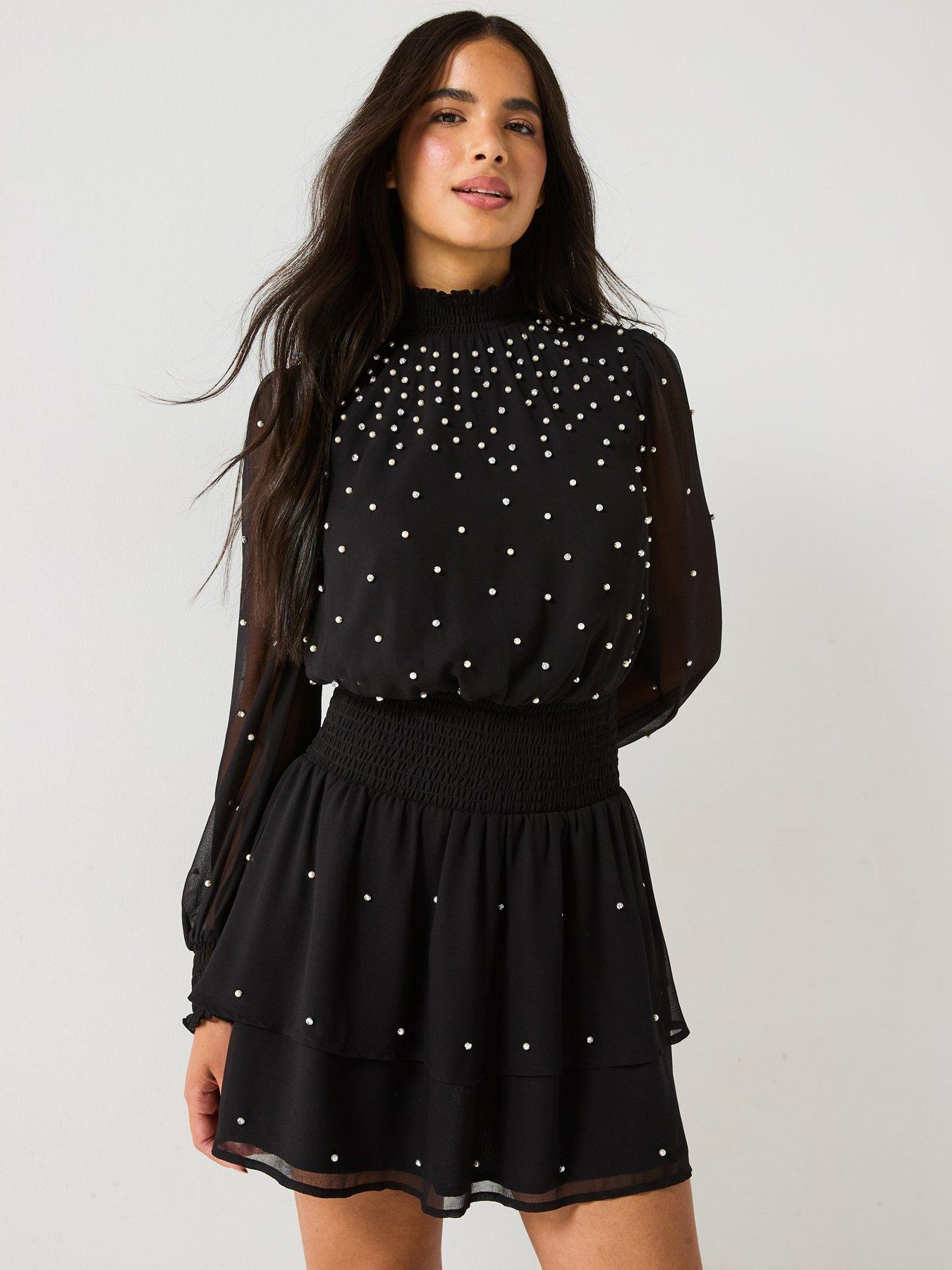 the-very-collection-shirred-waist-pearl-detail-mini-dress-black