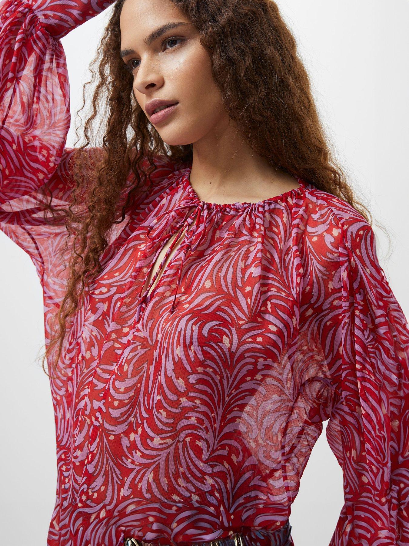 Image 6 of 6 of French Connection Ruched Chiffon Long Sleeve Keyhole Neck Printed Blouse