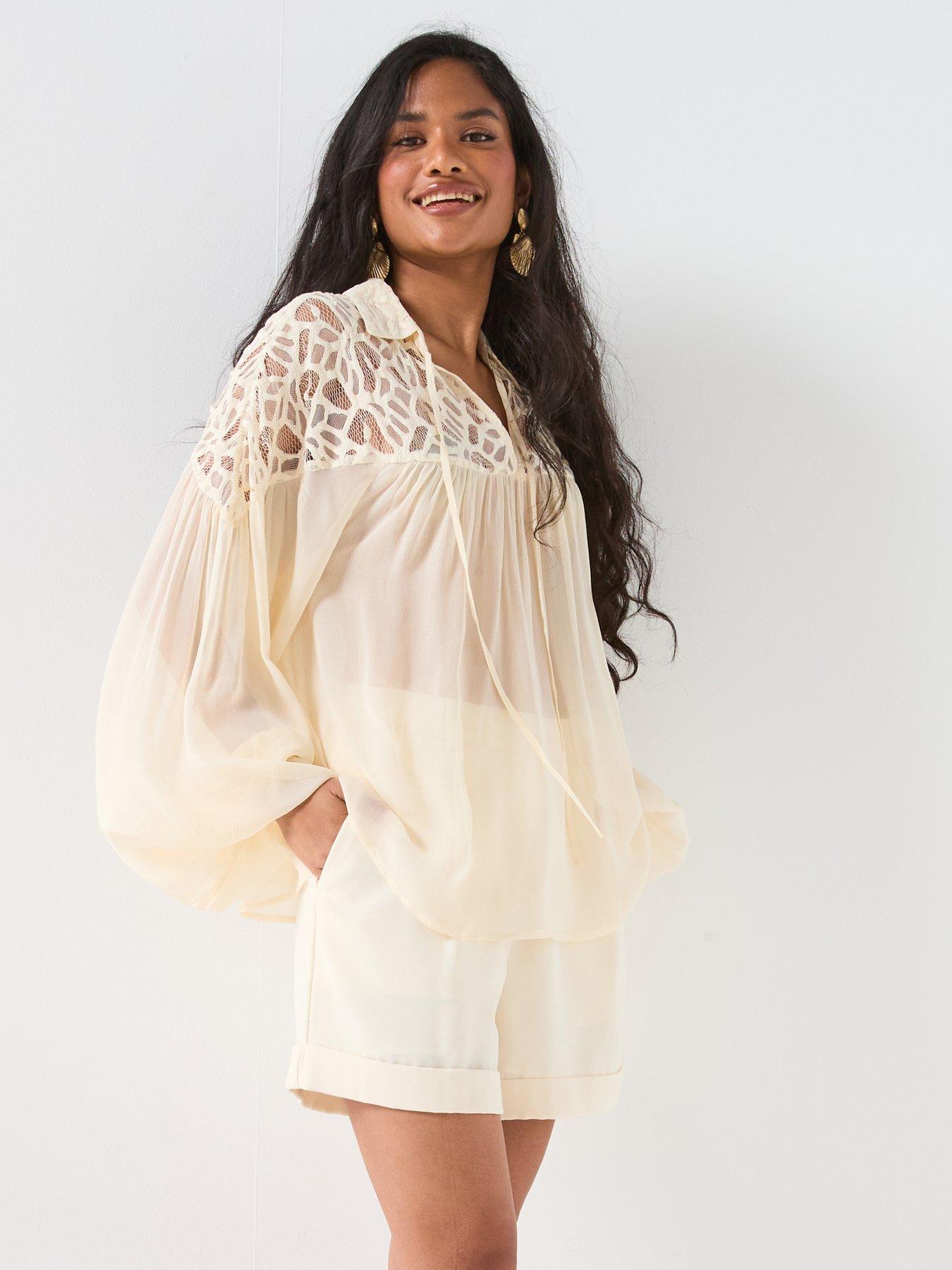 Image 1 of 6 of V by Very Cutwork Floaty Blouse - Cream