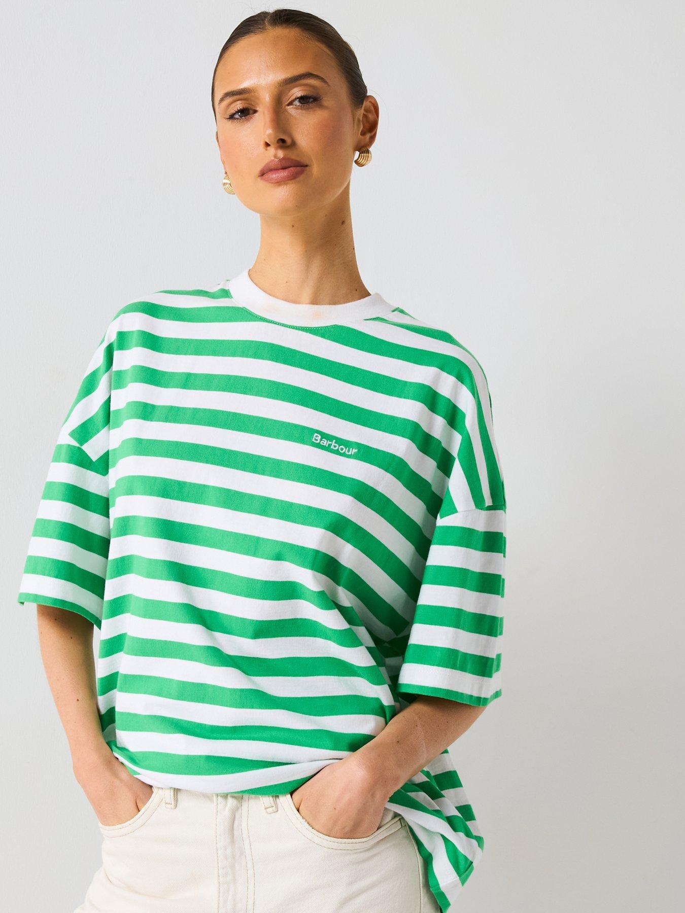 undefined Striped Oversized Crew Neck T-Shirt - White/Kelly Green
