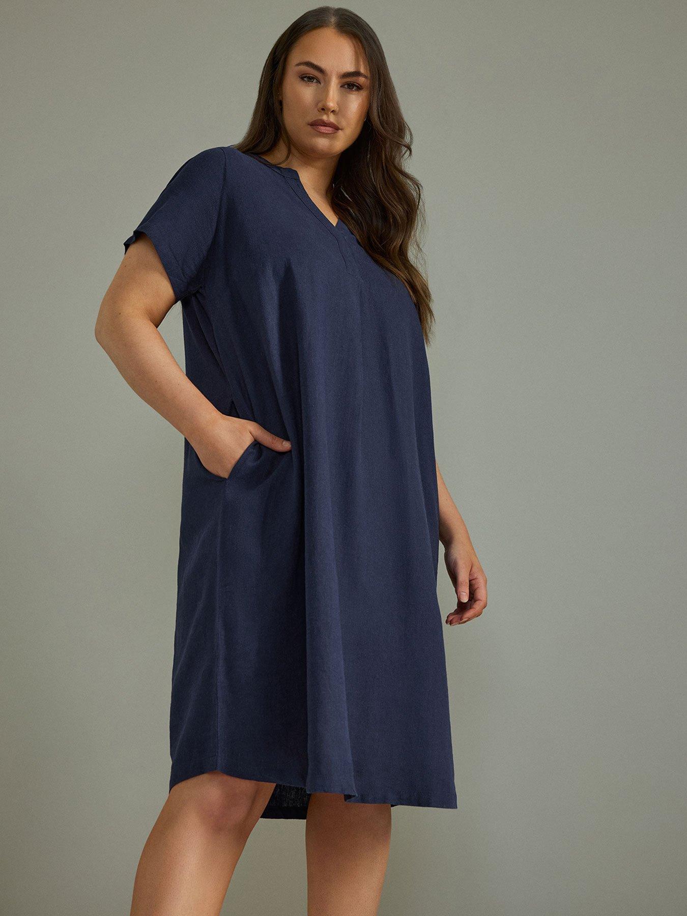 undefined Short Sleeve Linen Dress - Blue