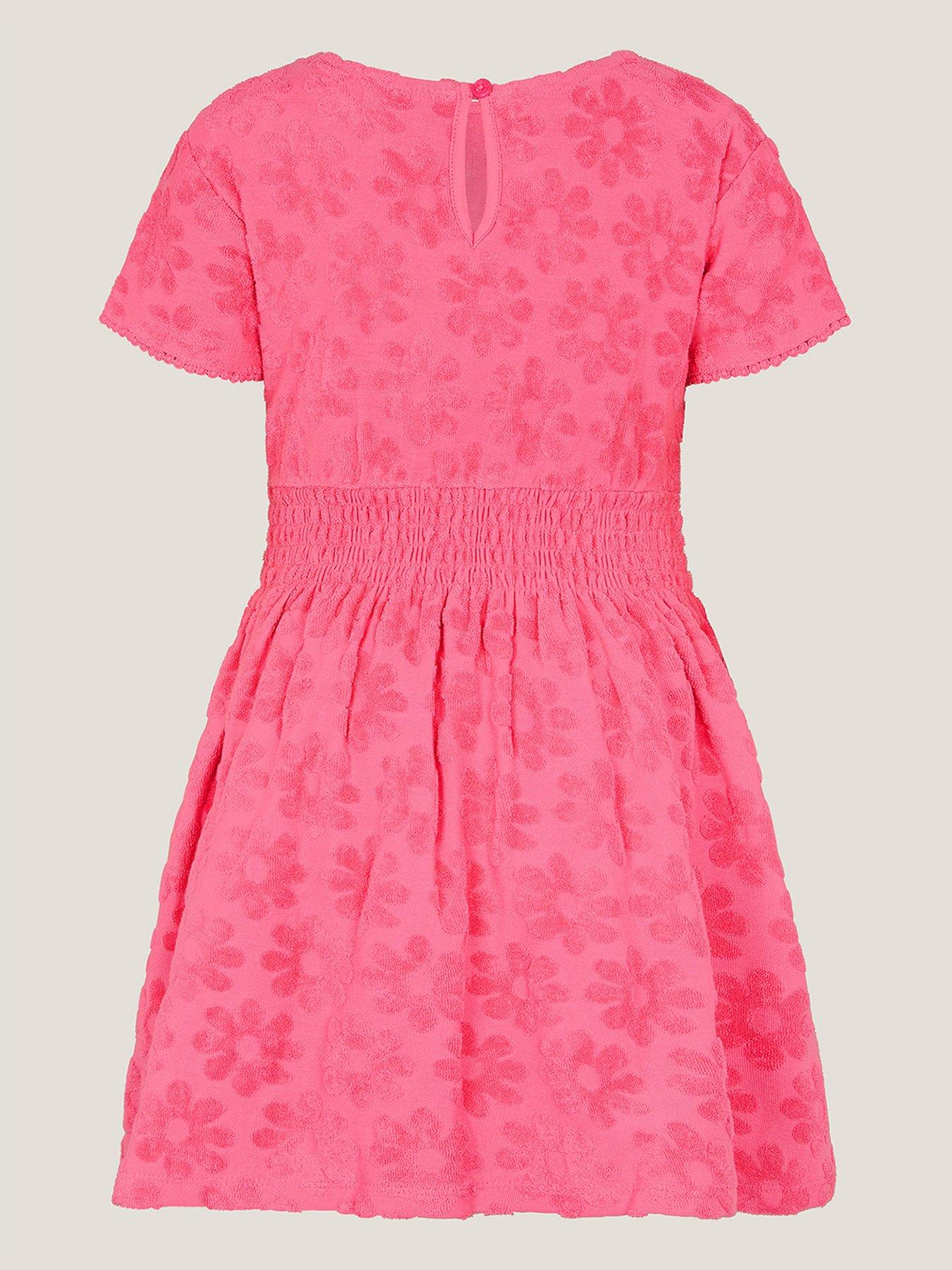 Image 2 of 3 of Monsoon Girls Flower Print Towelling Dress - Pink
