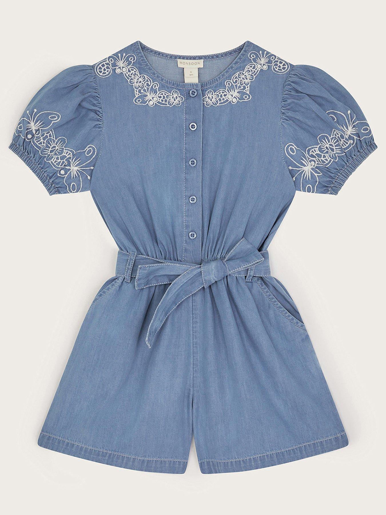  image of monsoon-girls-embroidered-chambray-short-sleeve-playsuit-blue