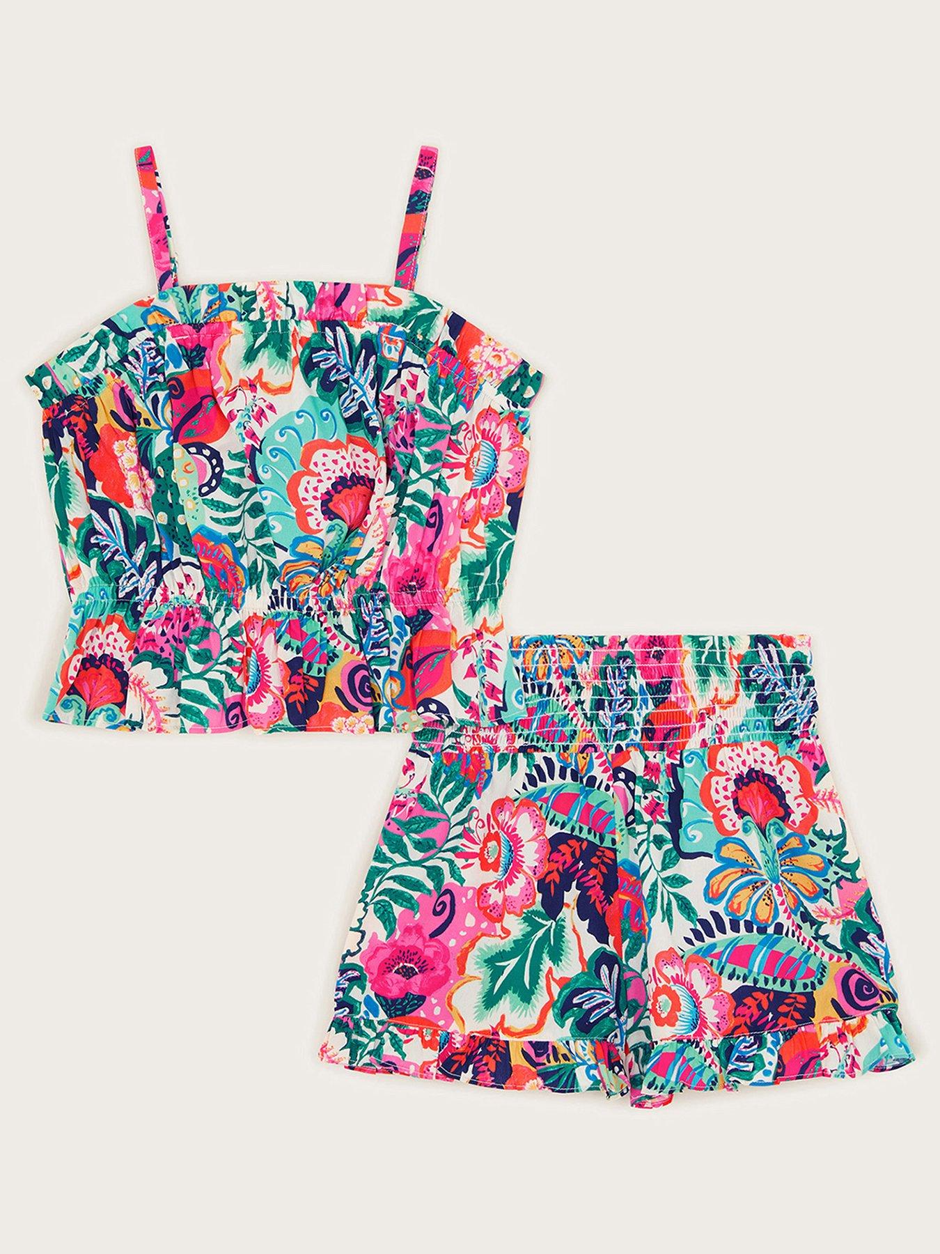  image of monsoon-girls-paradiso-floral-print-top-and-shorts-set-green