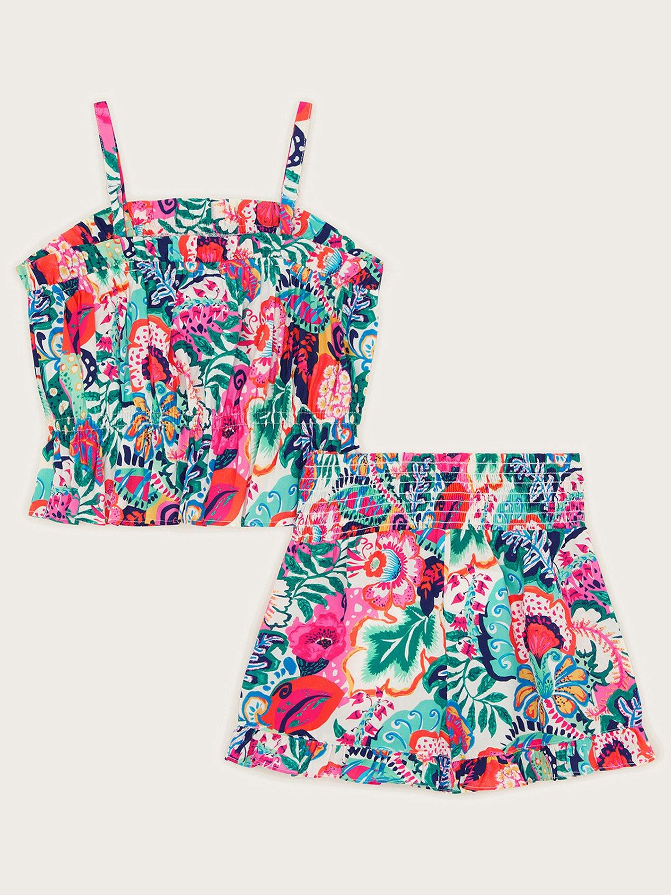  image of monsoon-girls-paradiso-floral-print-top-and-shorts-set-green