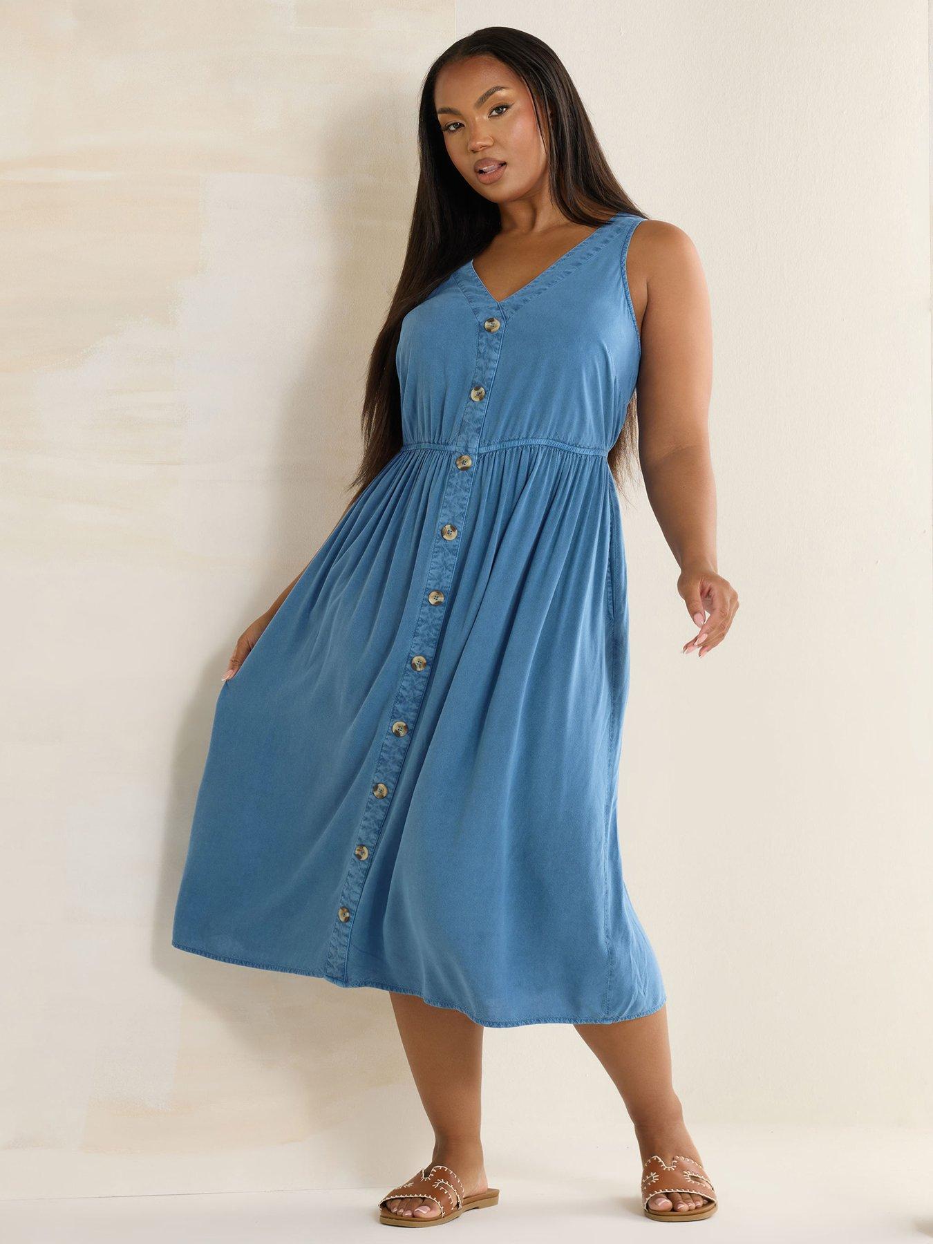  image of yours-curve-sleeveless-button-chambray-dress