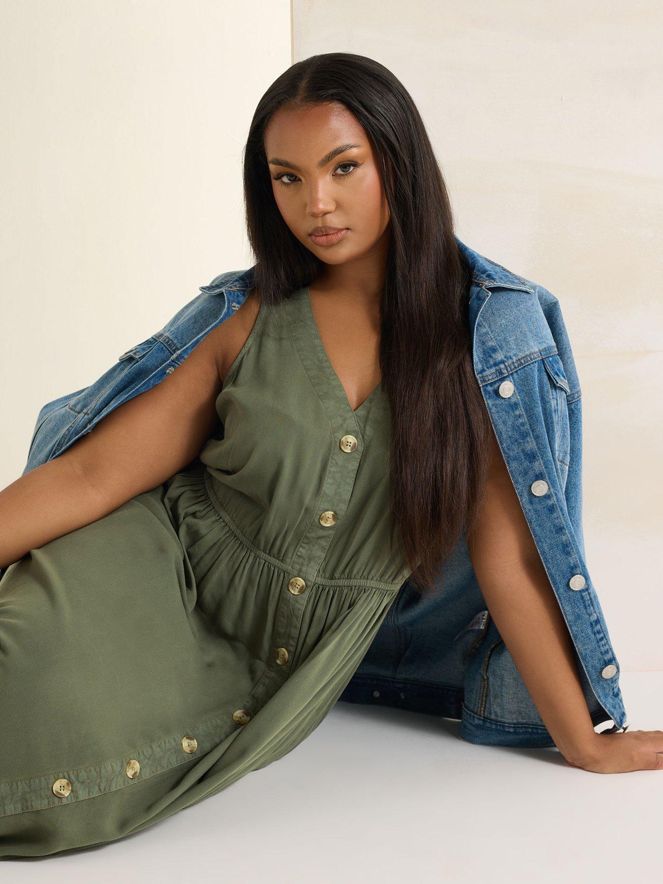  image of yours-curve-sleeveless-button-chambray-dress