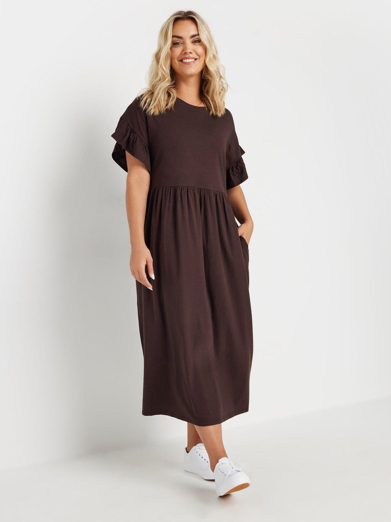 undefined Curve Frill Cotton Midaxi Dress - Brown