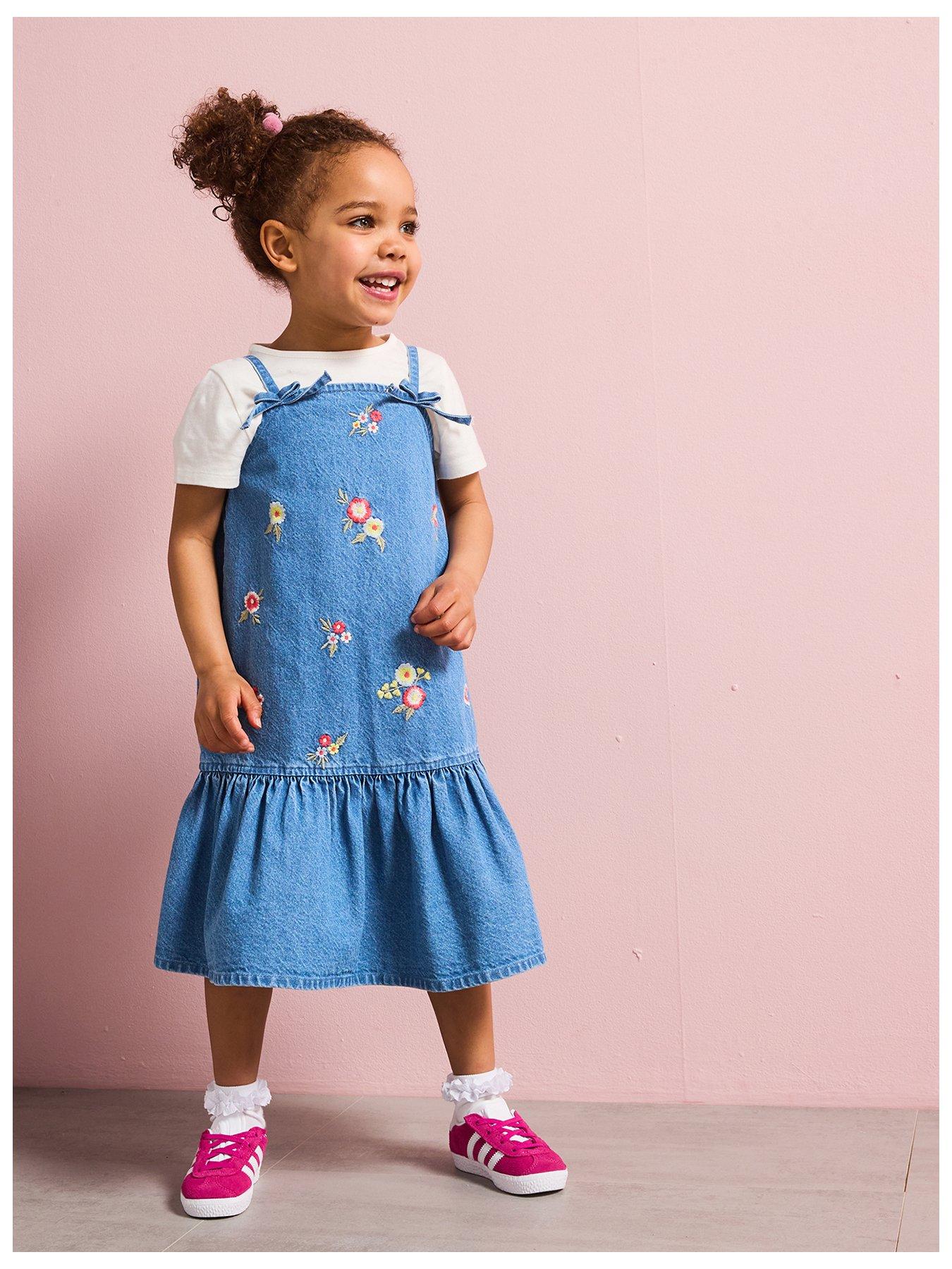 Image 1 of 4 of Monsoon Girls Floral Denim Dress And T-Shirt Set - Blue
