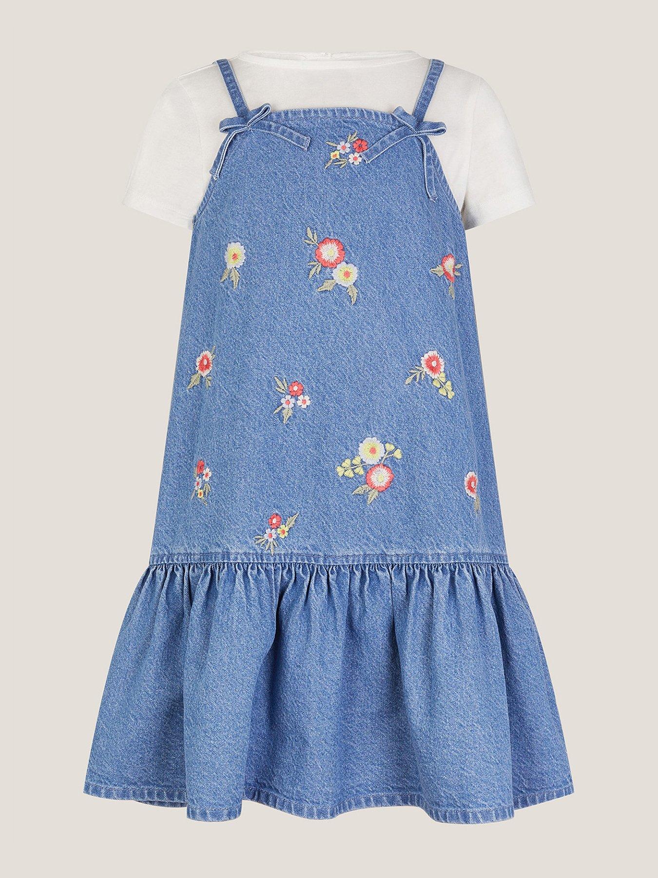 Image 2 of 4 of Monsoon Girls Floral Denim Dress And T-Shirt Set - Blue