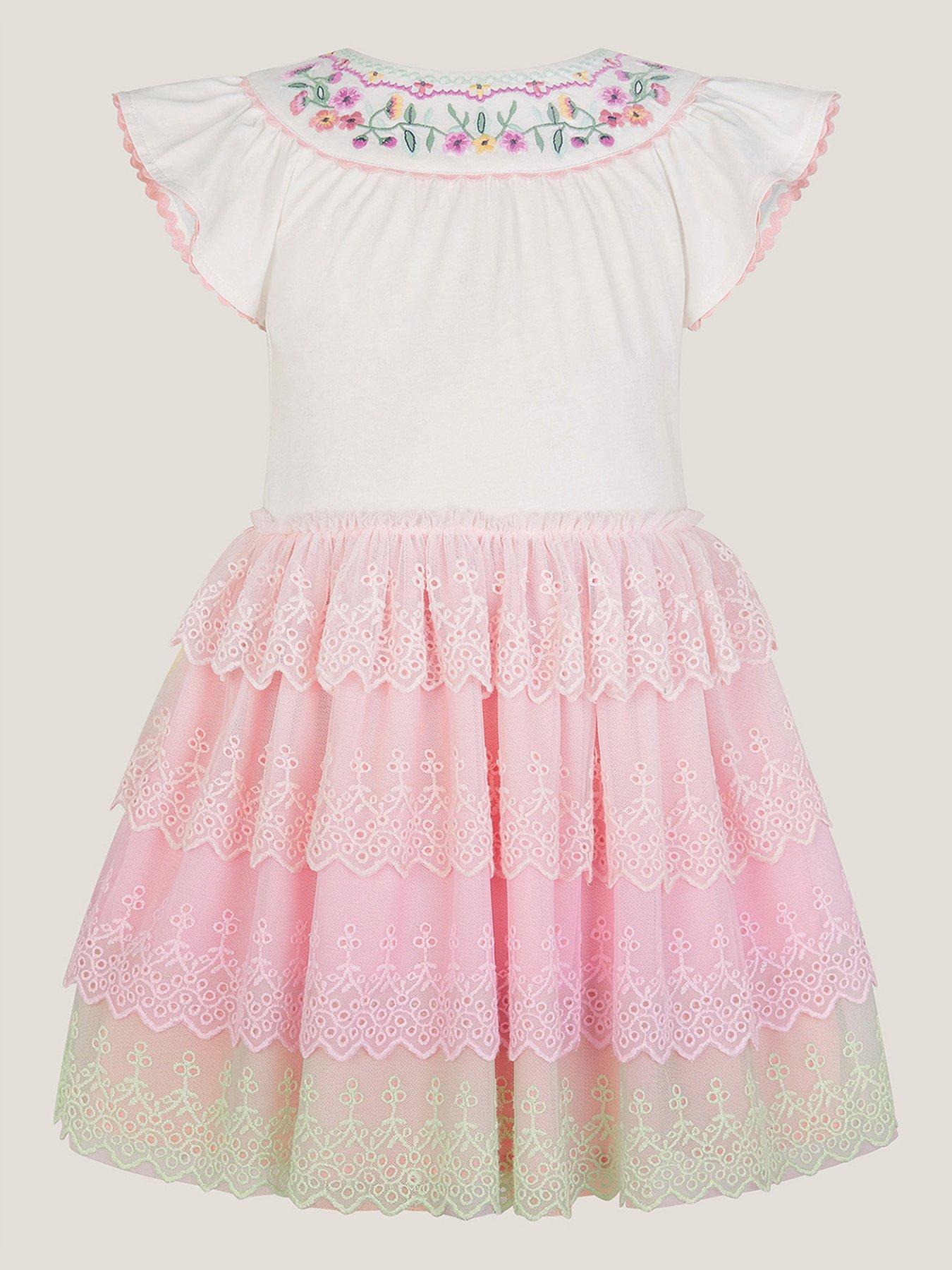  image of monsoon-girls-floral-embroidered-tiered-disco-dress-pink