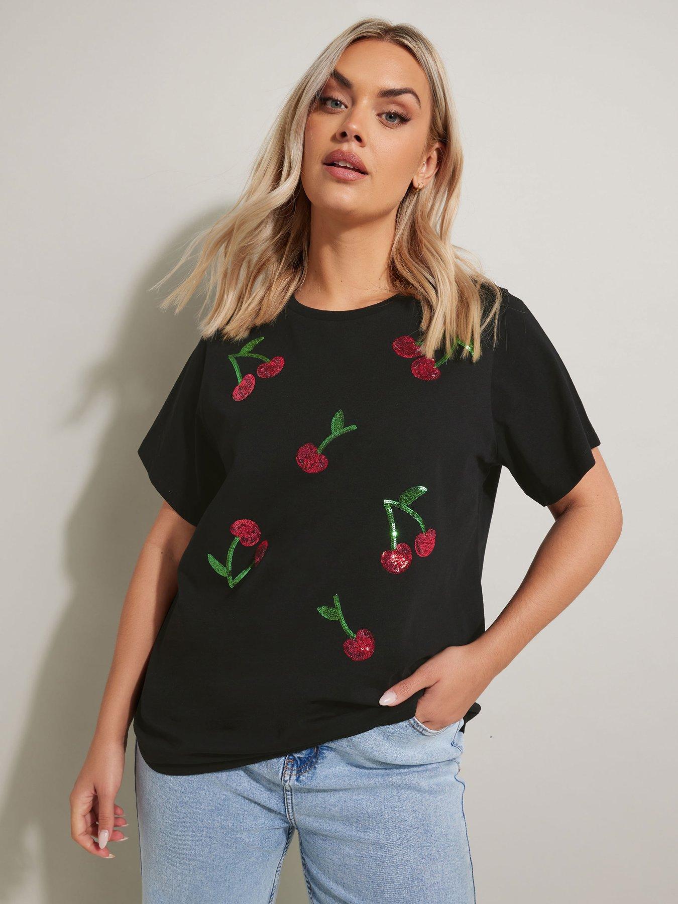 undefined Curve Sequin Cherry T-Shirt - Black