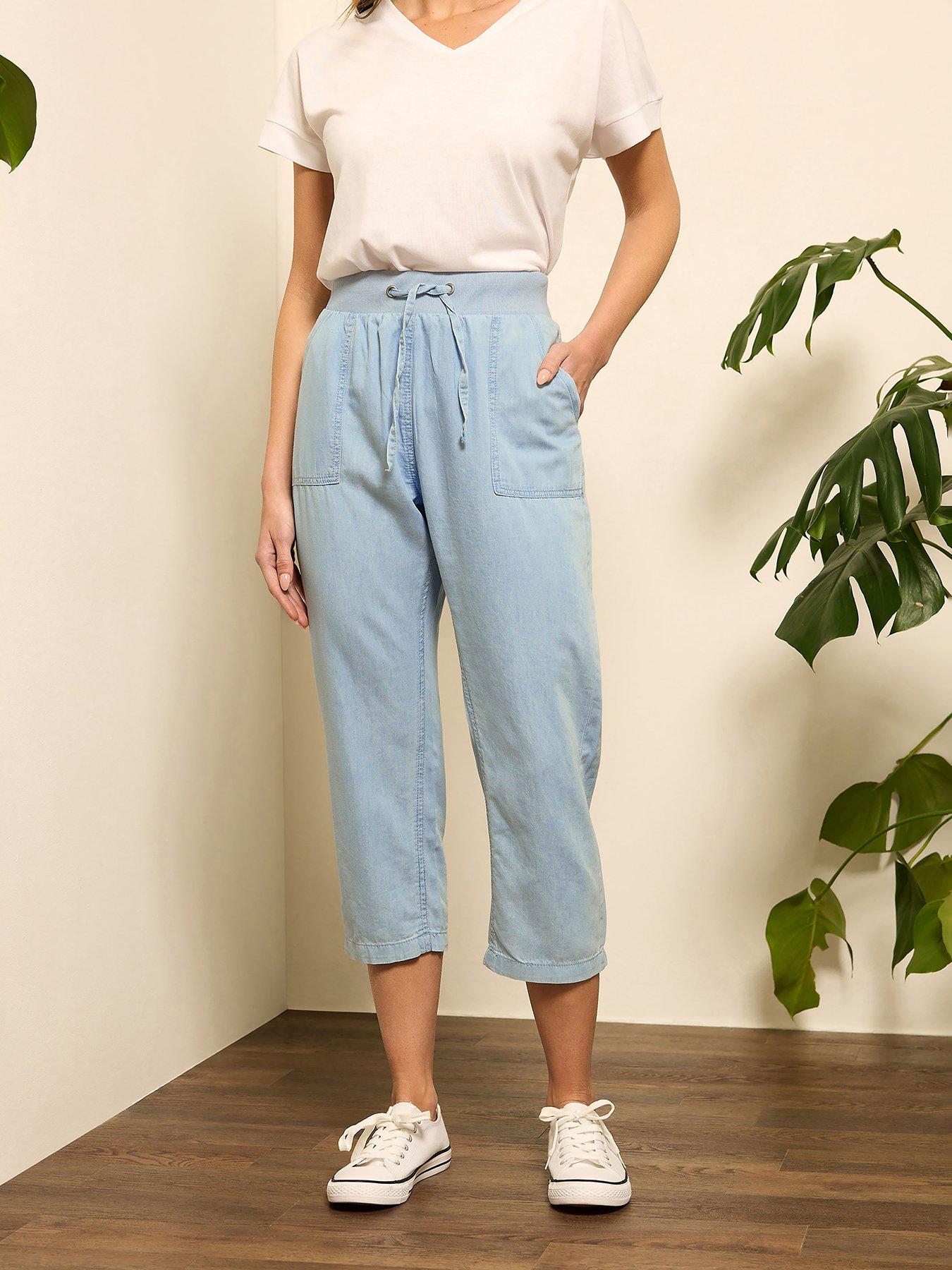 undefined Linen Rib Tie Waist Crop Trouser