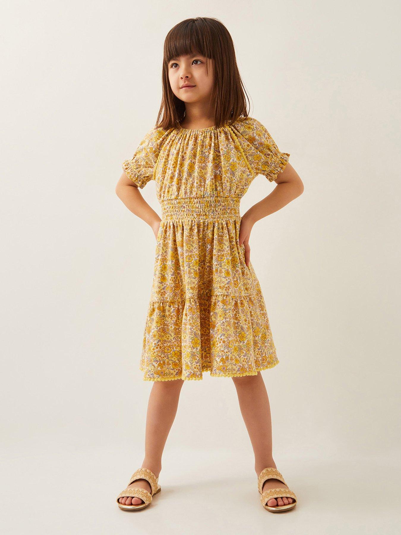 undefined Girls Floral Puff Sleeve Jersey Dress - Yellow