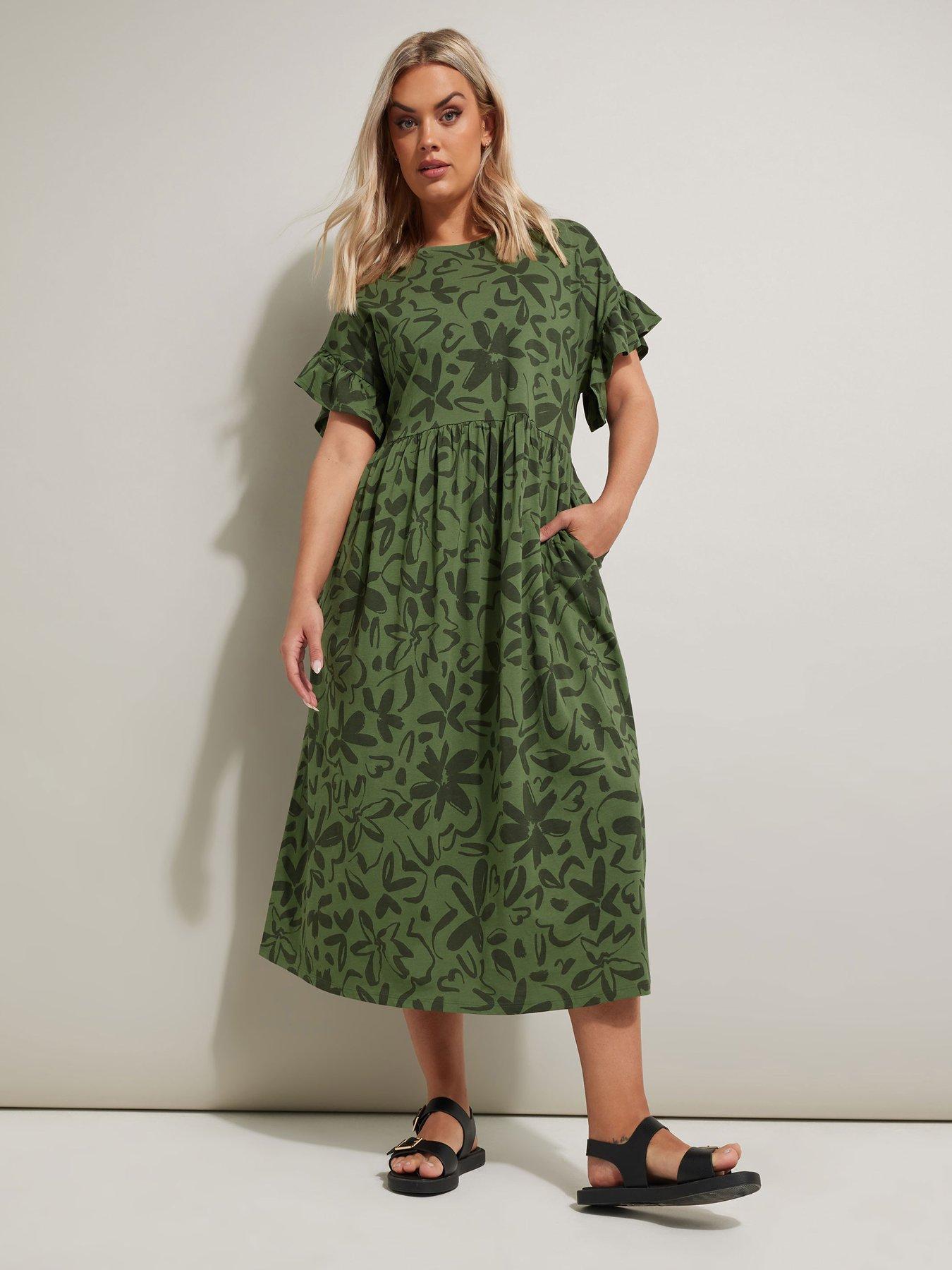undefined Curve Frill Cotton Midaxi Dress - Green