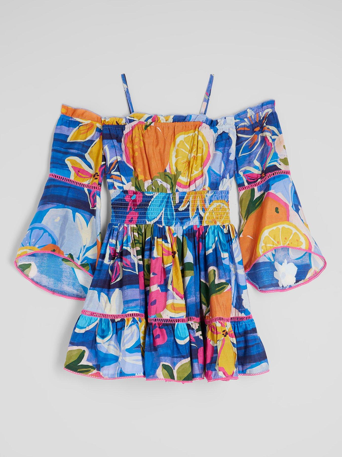 River Island Older Girl Fruit Print Bardot Dress - Blue