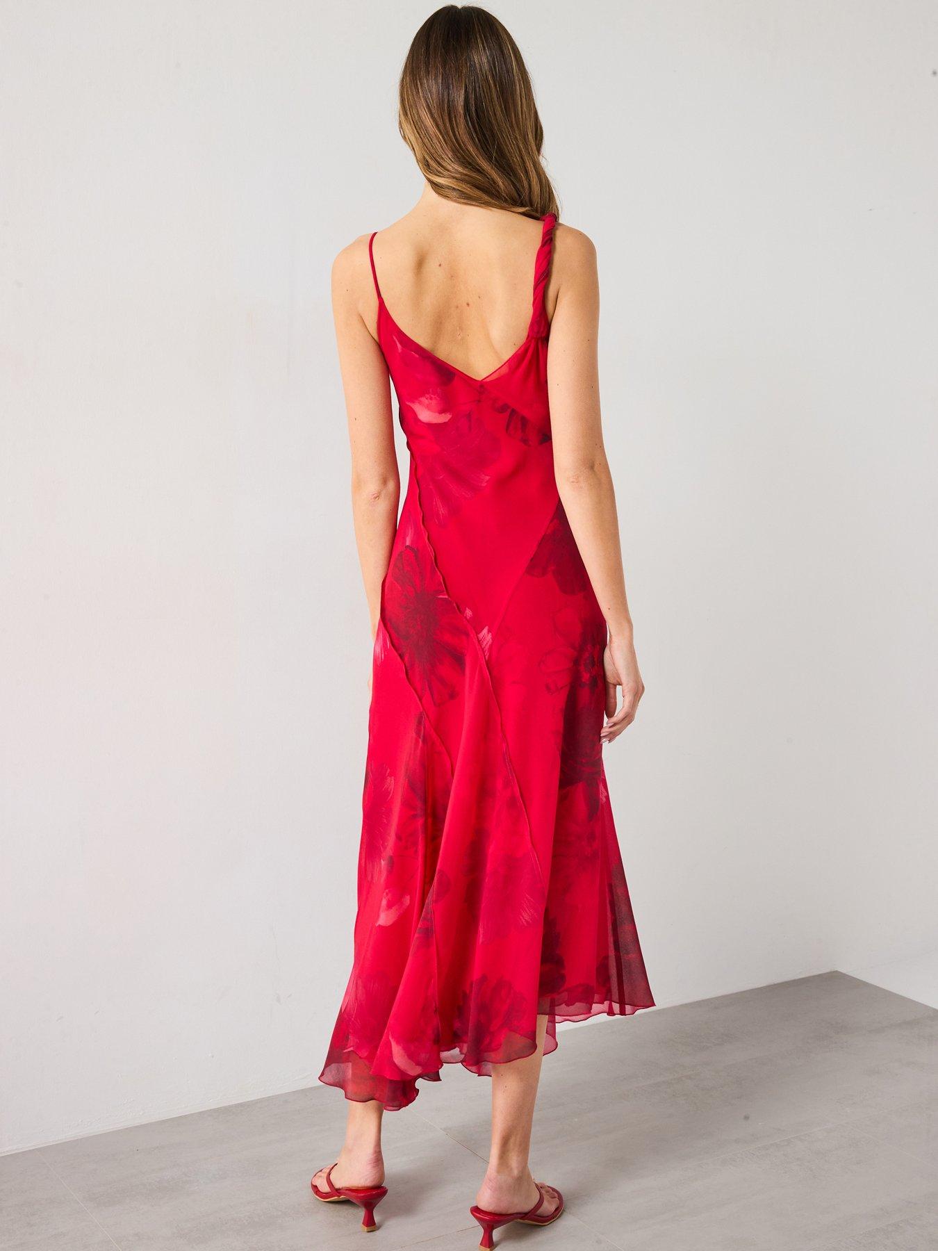 strapless open back dress Bandeau Sweetheart Floral Wrap Detail Dip Hem Dress in Pink