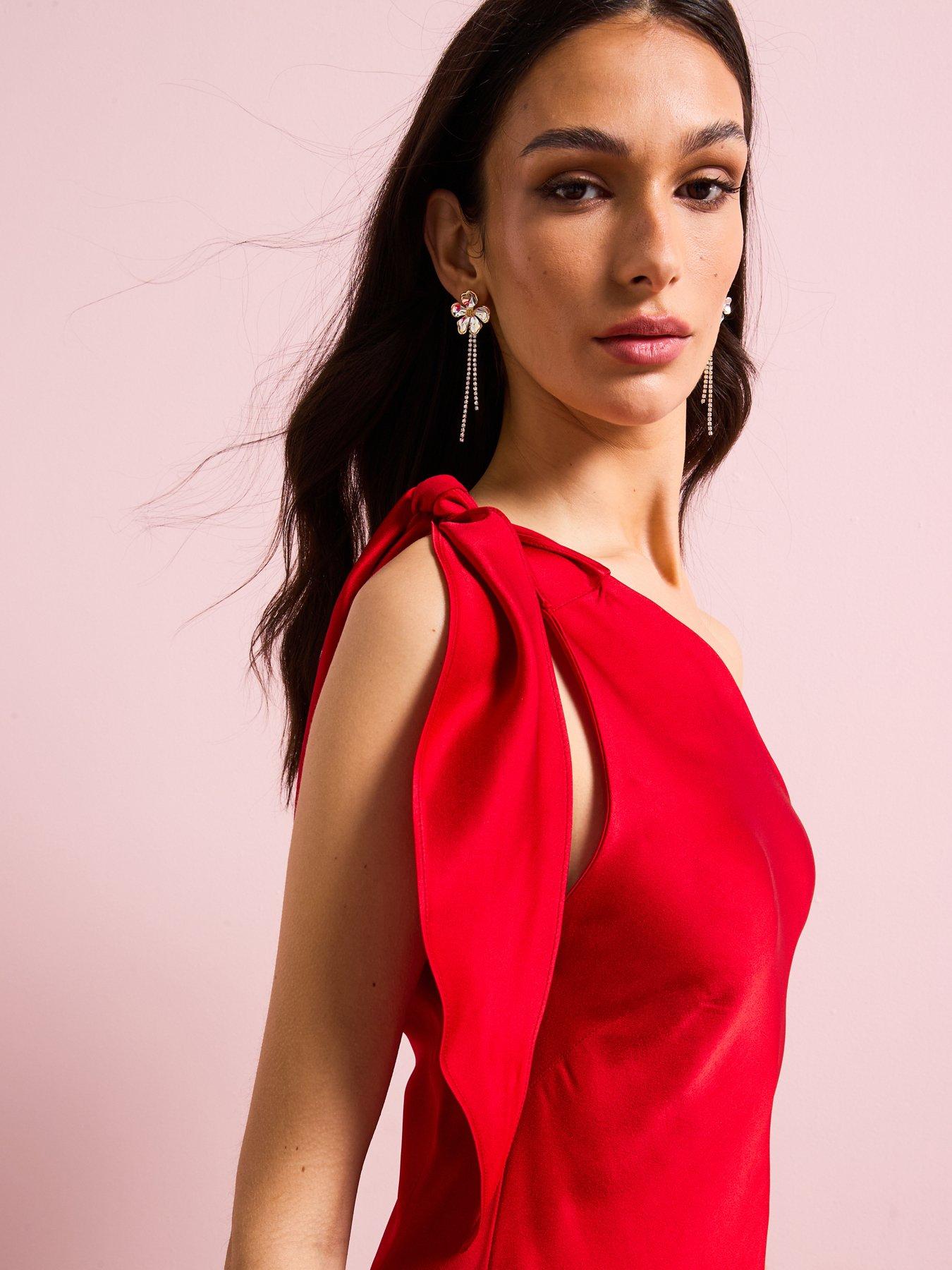  image of mango-satin-dress-with-asymmetric-neck-red