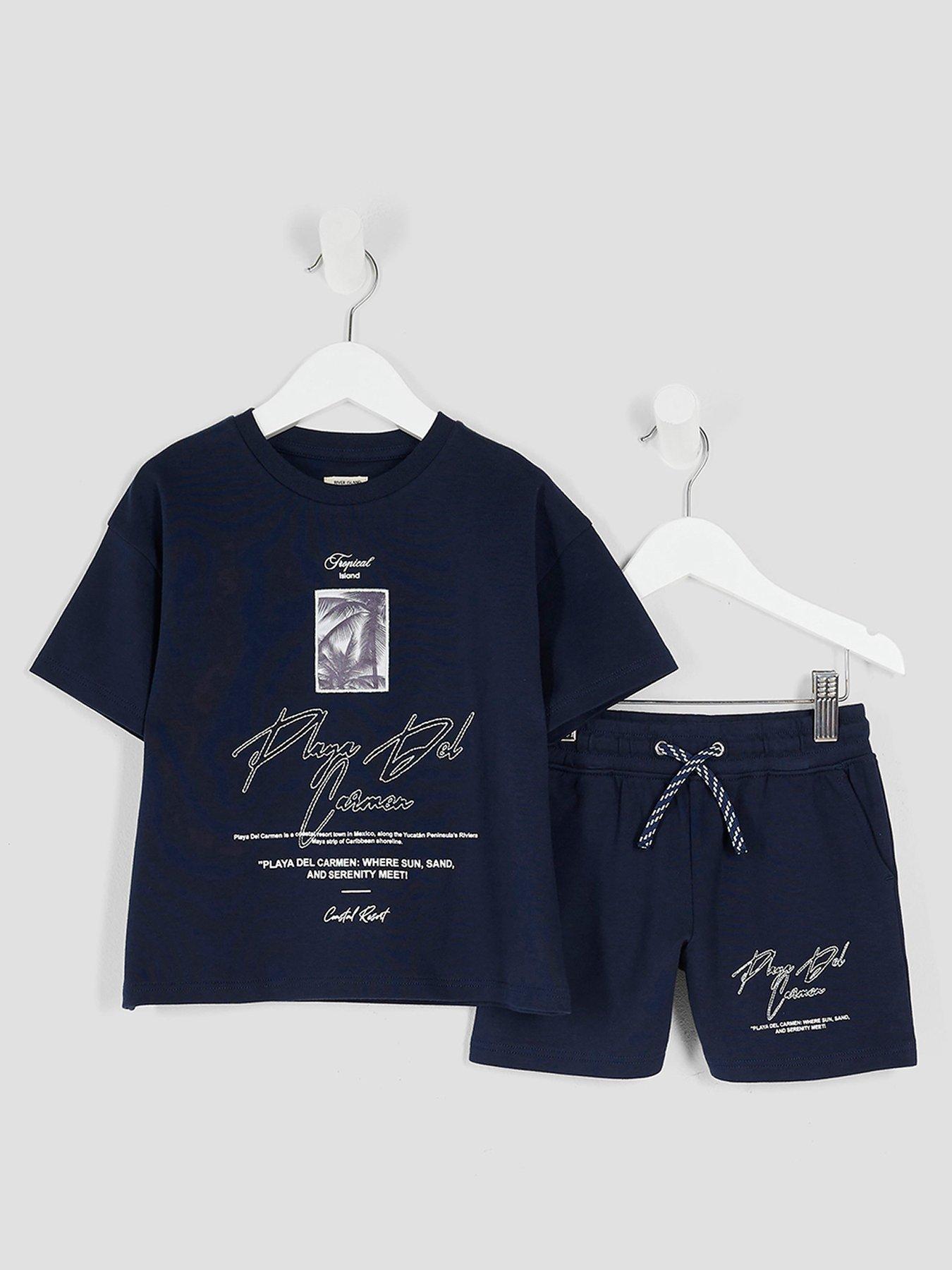 Image 1 of 5 of River Island Mini Boy Palm Tree Patch T-shirt And Shorts Set - Navy