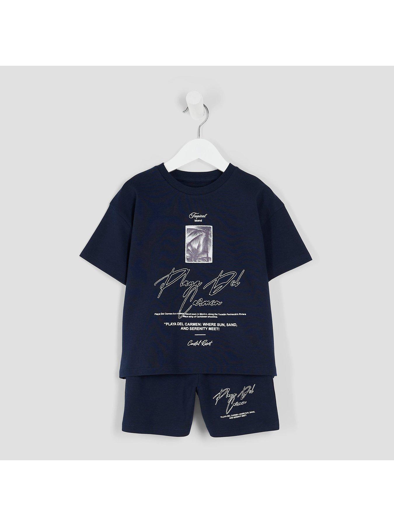 Image 3 of 5 of River Island Mini Boy Palm Tree Patch T-shirt And Shorts Set - Navy